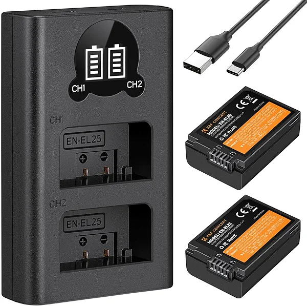 K&F CONCEPT EN-EL25 Battery 1600mAh 2-Pack EN-EL25A Battery and Dual LCD Battery Charger for Nikon Z50, Z30, Z FC Camera MH-32 Battery Charger