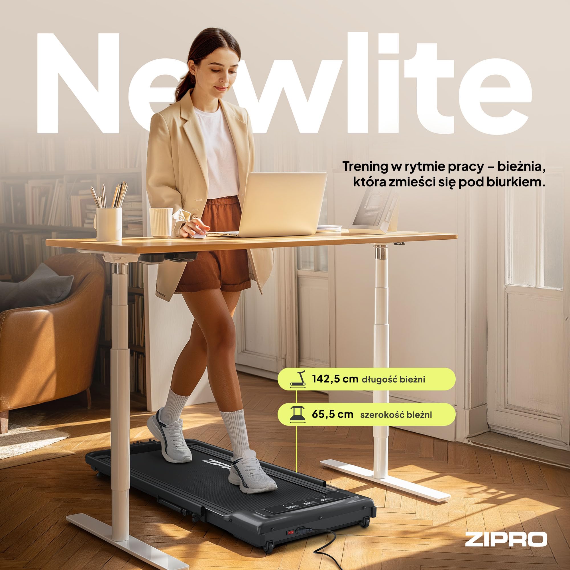 ZIPRO Newlite Bieżnia Elektryczna Składana, WalkingPad, Dwa Tryby Pracy, Składana Konstrukcja FlatFold, Prędkość 1-10 km/h, Waga Użytkownika do 110 kg, Amortyzacja Easy Walk, Wyświetlacz LED