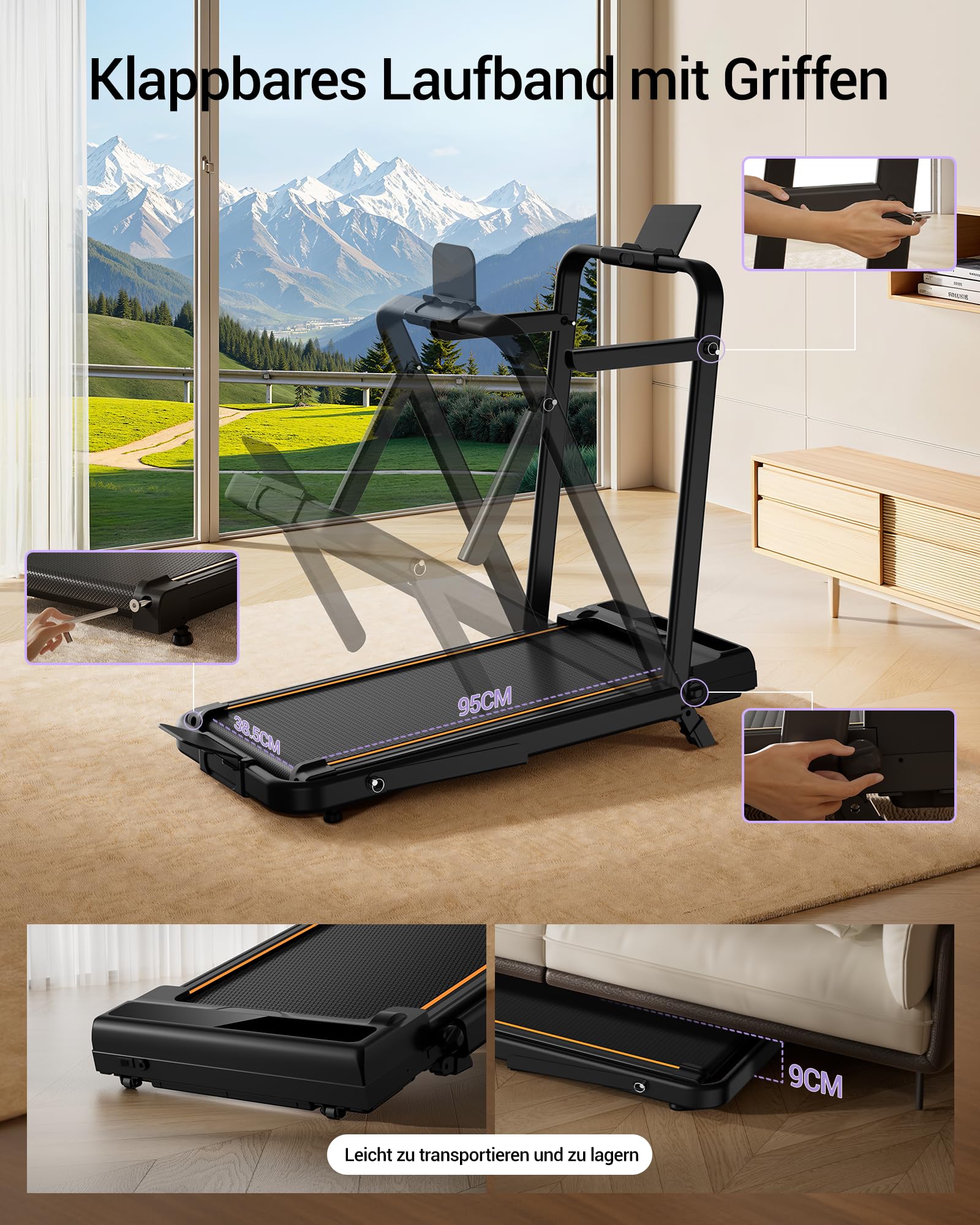 CURSOR Tapis de Marche Pliable Inclinable 16%, 10km/h Tapis de Course Pliable Inclinable, avec Affichage LED, Télécommande, 3.0 HP Treadmill Walking Pad, Tapis de Marche Bureau, 159KG Max Charge