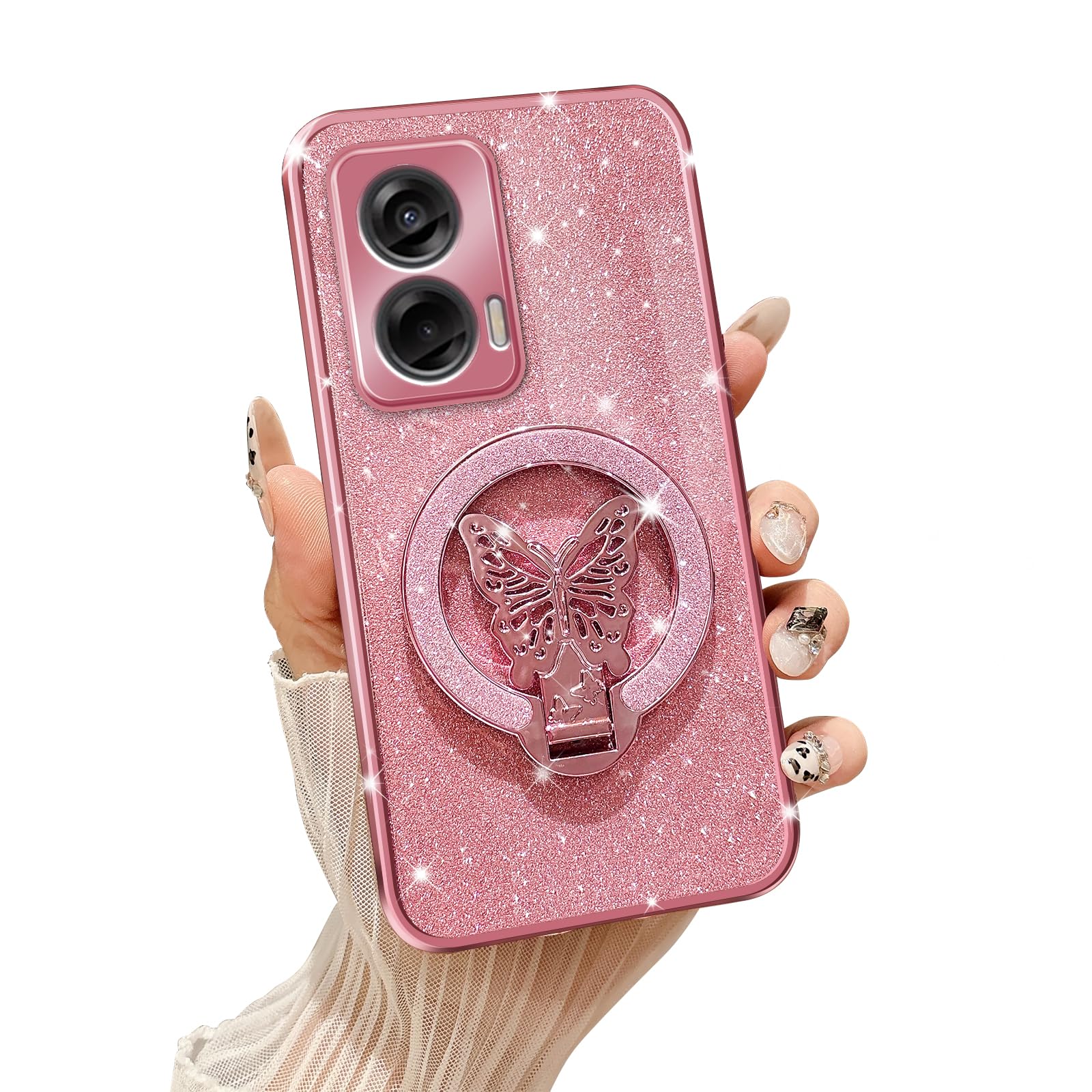 Tesazxcn Phone Case for Motorola Moto G Stylus 5G 2024 [Compatible with Magsafe] with Butterfly Kickstand & Lanyard Soft TPU Bling Shockproof