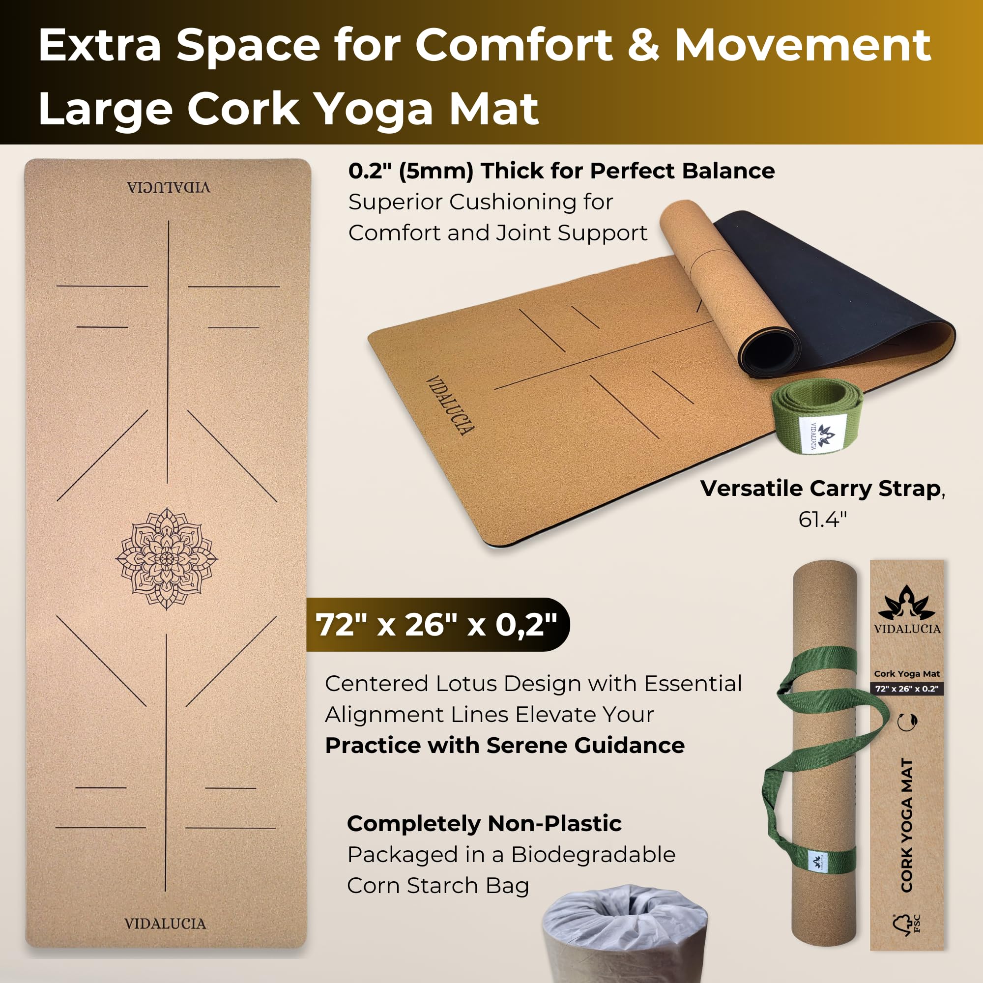 Cork Yoga Mat - Extra Large Non-Slip Yoga Mat with FSC Certified Portuguese Cork & Natural Rubber Base – 5mm Thick Hot Mat for Home & Studio – Yoga Accessories for All Levels