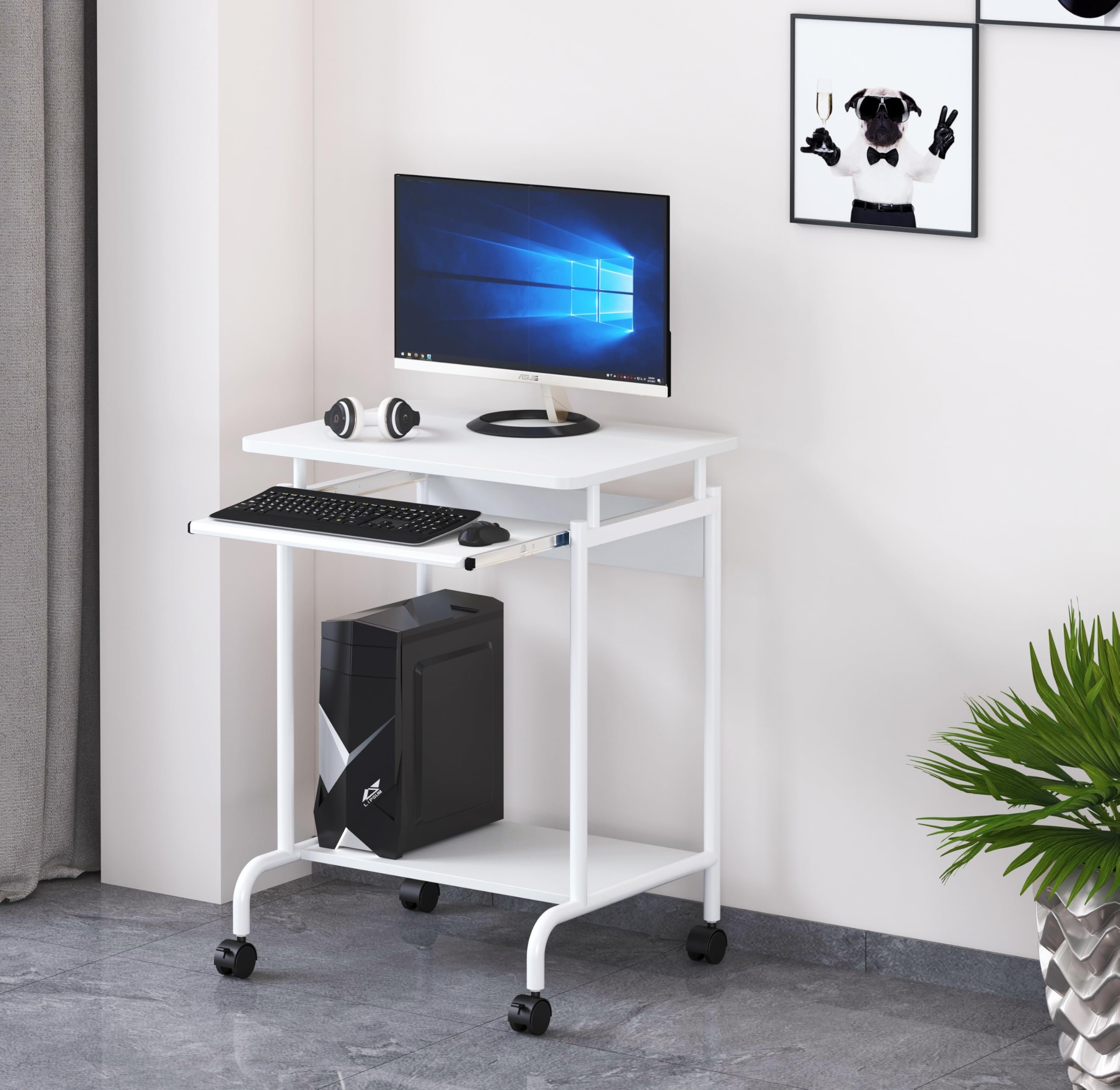 Techly 105926 Scrivania Mobile Compact per Computer Ripiano Tastiera Scorrevole Bianco Bianco