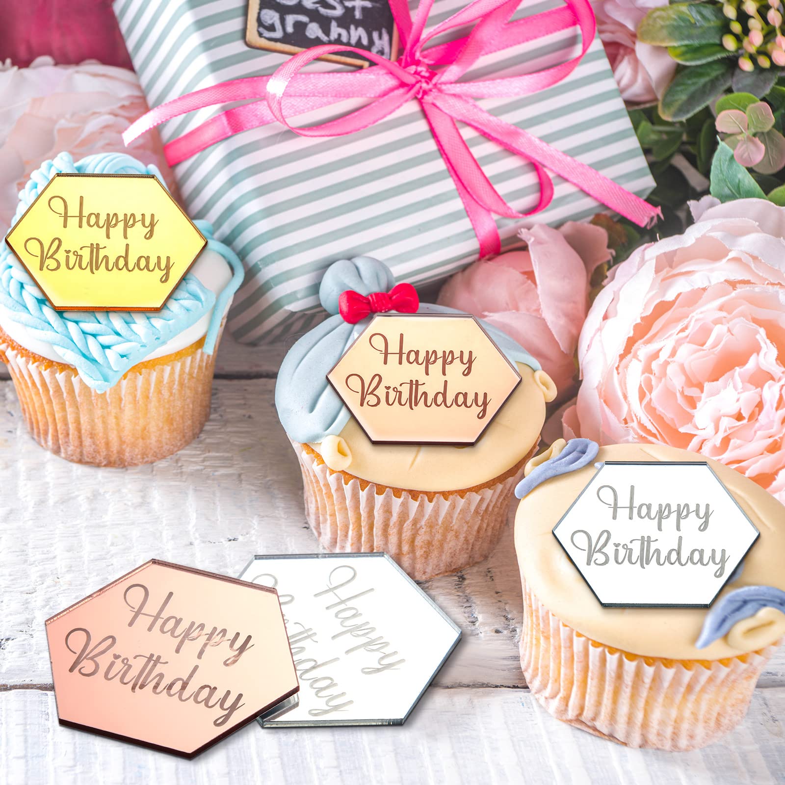 12pcs Silver Mirror Acrylic Happy Birthday Cake Discs | Reusable Cupcake Toppers & Cake Decorations