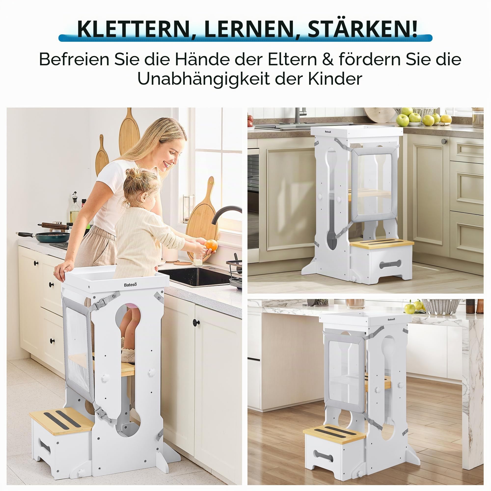Bateso Holz Lernturm für Kinder mit 2 Abnehmbaren Schutznetzen, 4 Höhenverstellbarer Küchenhocker mit Rutschfesten Matten, Tritthocker für Kleinkinder 1-3, Kleinkind-Tritthocker für Küchentheke - Weiß