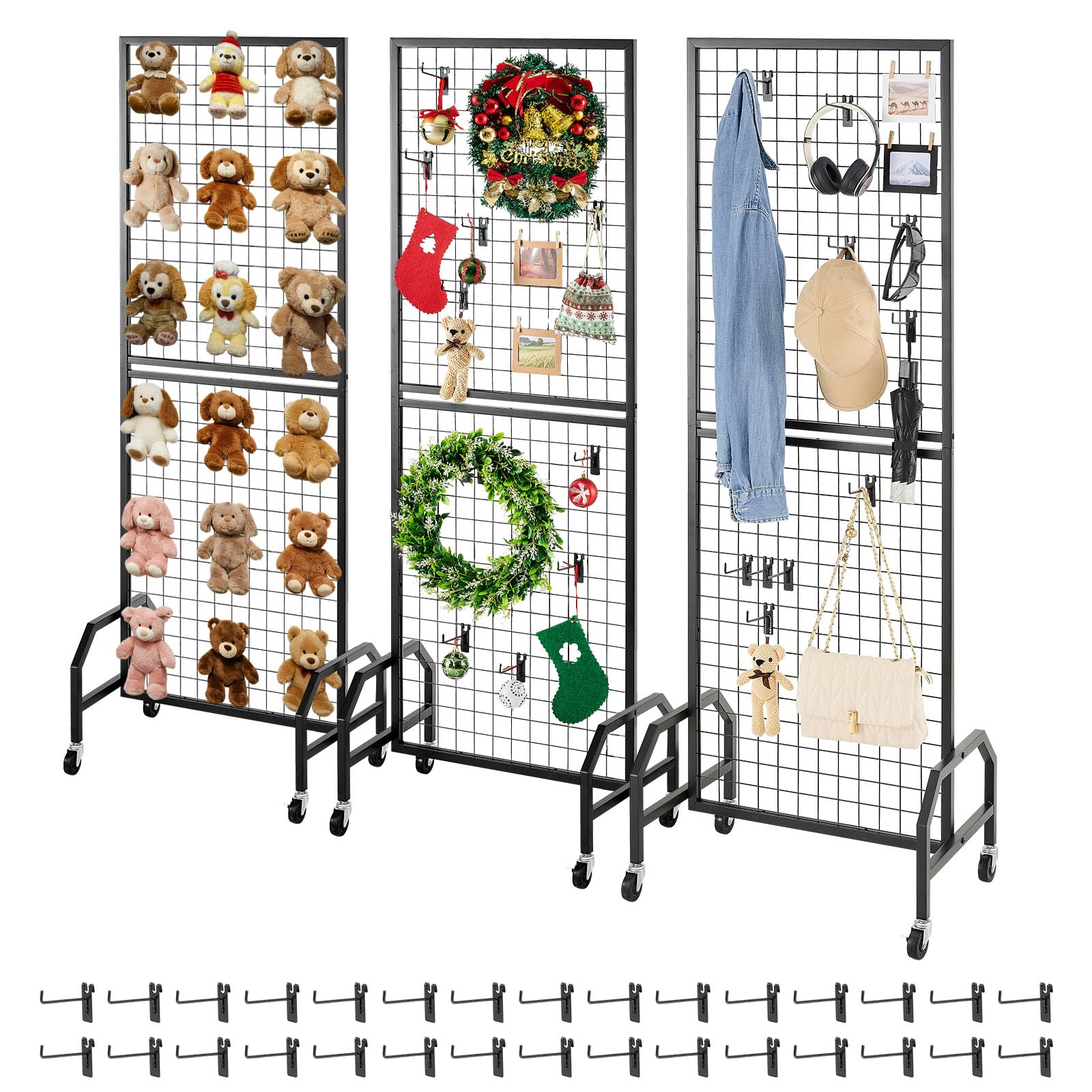 VEVOR Grille d’Exposition sur Pied 3PCs 60x164 cm, Panneau Grille en Acier Carbone, Présentoir Grillagé Mobile avec Roulettes et 30 Crochets, pour Affichage Présentation Photo Mémo Décoration