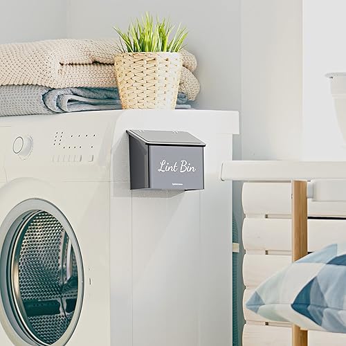 Miniatura 6 de QUILIVIK Papelera magnética de metal para decoración de cuarto de lavandería y ganchos, caja de pelusa de montaje en pared con tapa, contenedor de