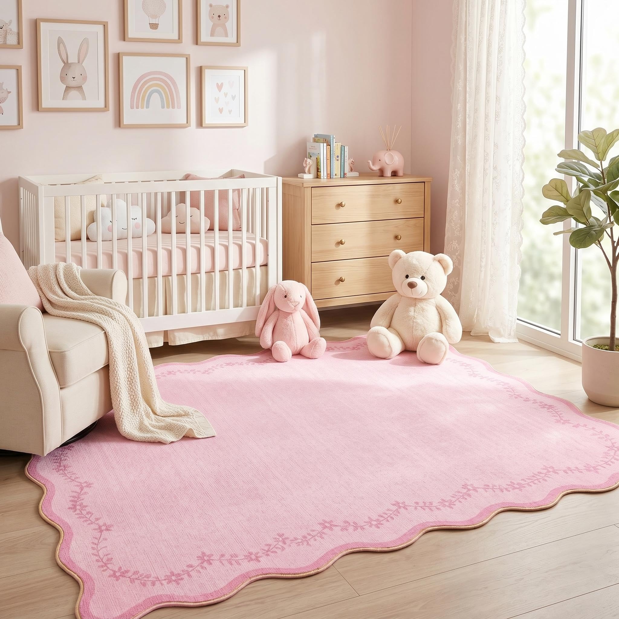 GarveeHome 4x6 Pink Valentines Scalloped Washable Area Rug for Girls Bedroom, Solid Floral Soft Nursery Rug Non Slip Low Pile Small Carpet Stain