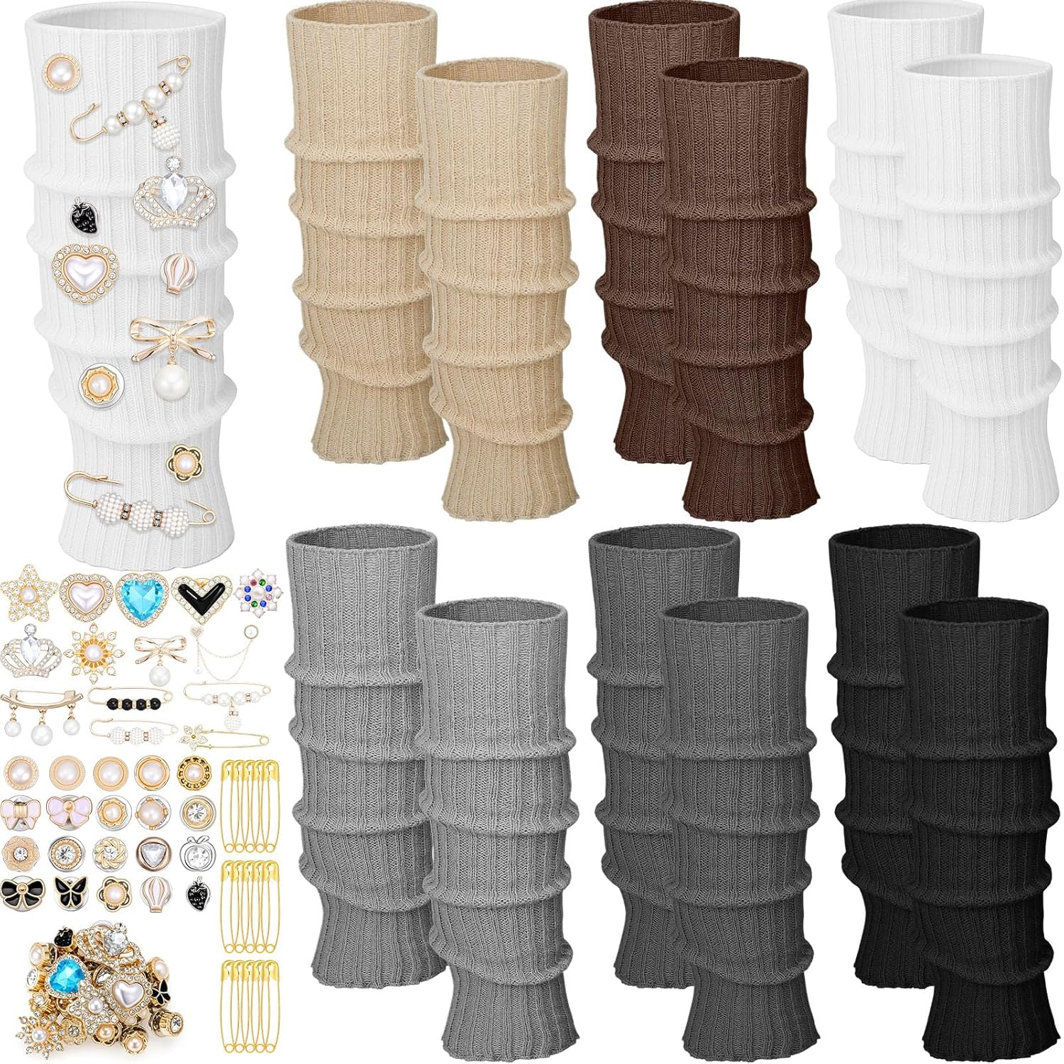 6 Pairs Leg Warmers for Women with 74 Pcs Golden Junk Socks Charms Kit Y2k 80s 90s Outfit Ankle Warmers DIY Shoe Charms for Sneakers Ribbed Knitted Long Socks for Winter Party Sports Yoga