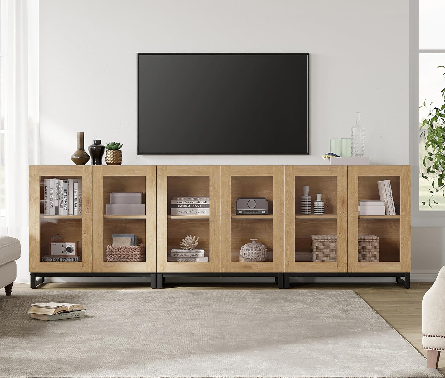 WAMPAT Modern TV Stand with Glass Doors for 70-100 inch TVs, 3 in 1 Entertainment Center Console with Adjustable Shelves and Metal Base for Living Room, Bedroom, Oak