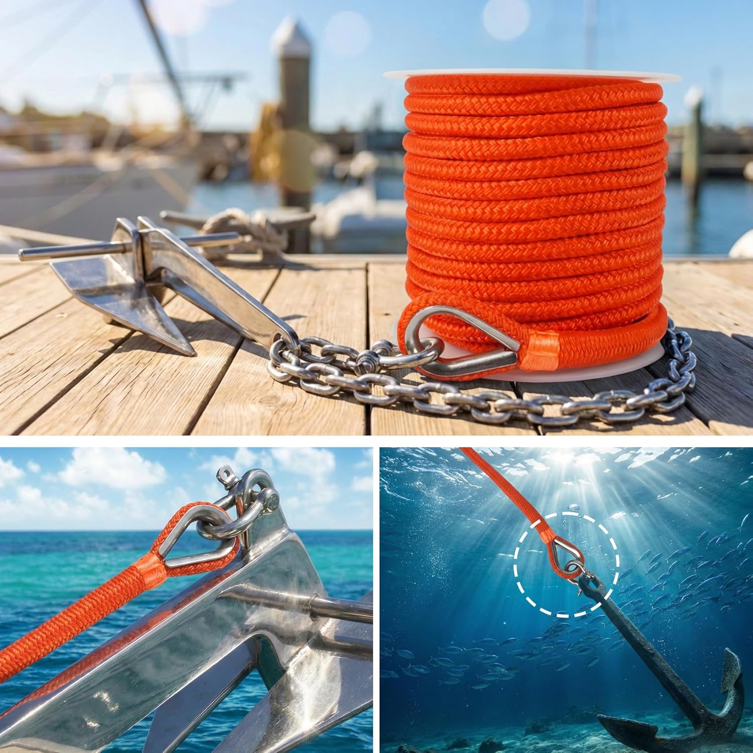 Anchor Rope 1/2 Inch 100 FT, Double Braided Anchor Line with 316 Stainless Steel Thimble & Shackle, Boat Anchor Rope for Towing Mooring Docking Anchoring Boats Up to 35' - Orange