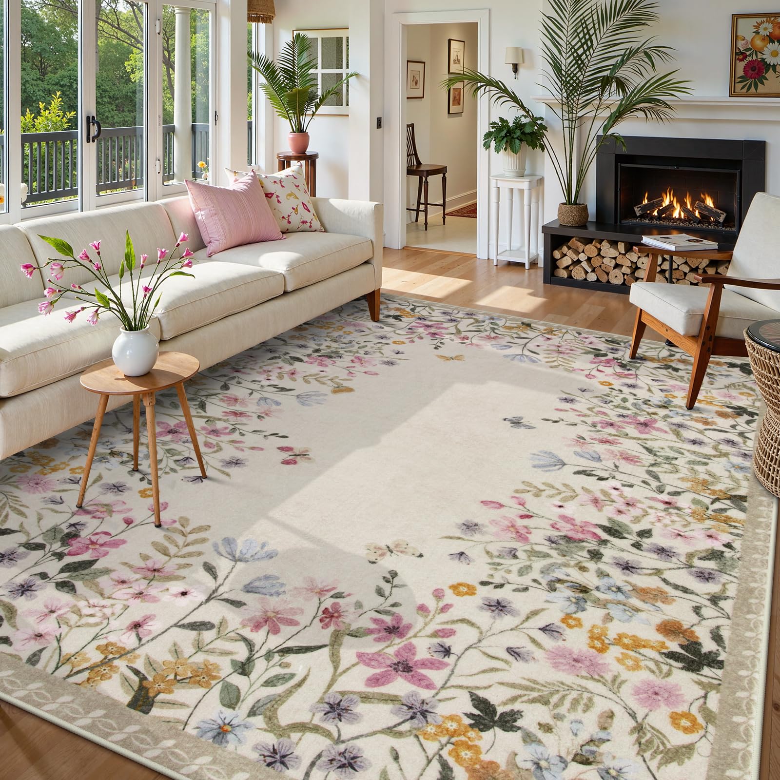 Wonnitar 9x12 Washable Area Rug, Beige Floral Rug for Living Room, Boho Large Non Slip Bedroom Carpet, Soft Botanical Nursery Rug, Farmhouse Playroom