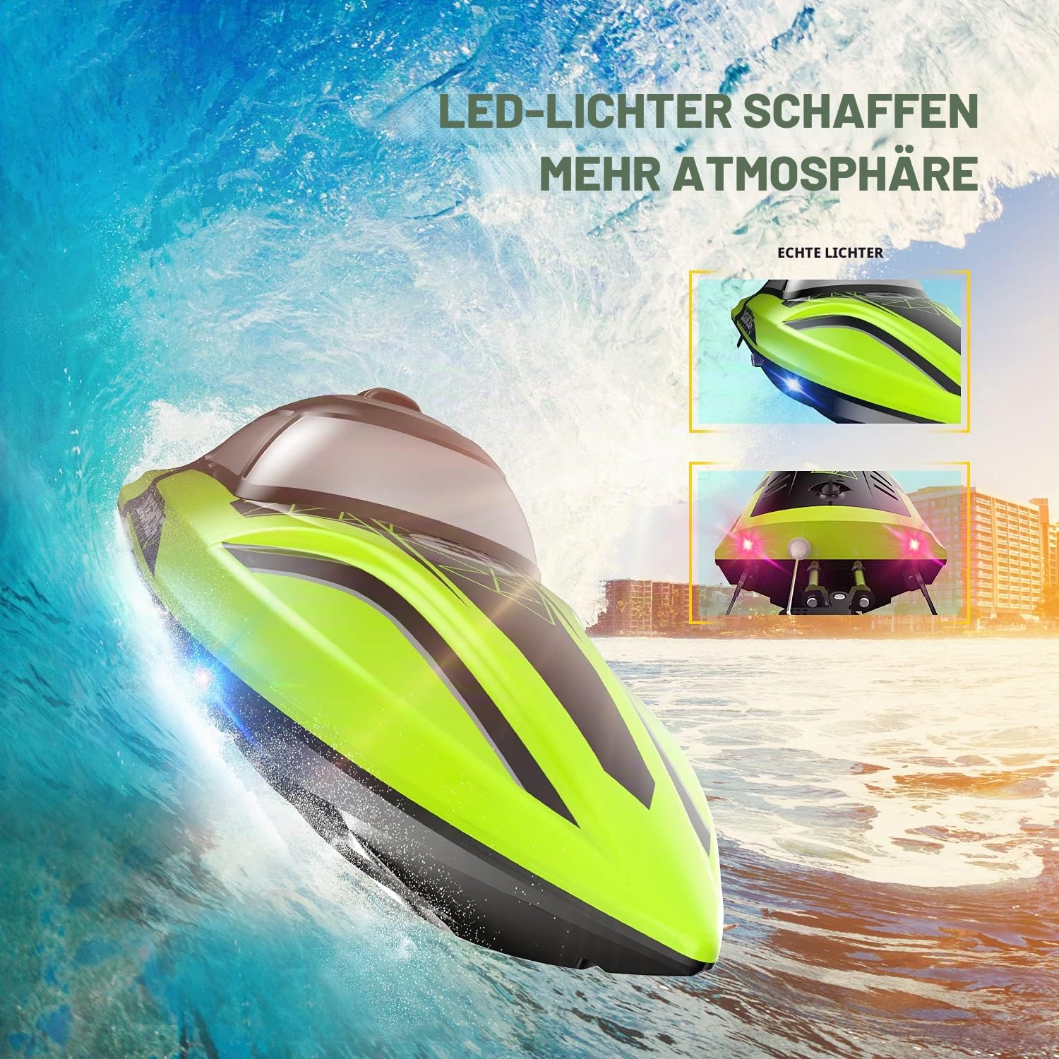 DEERC RC Boot mit LED-Licht, ferngesteuertes, für Pools und Seen, 20+ km/h, 2,4-GHz-Rennboote mit 2 Batterien, Poolspielzeug für Kinder, ferngesteuertes Wasserfahrzeug (Grün)
