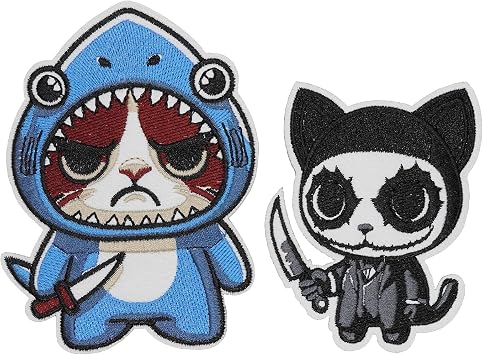 2 Pcs Funny Shark Cat & Goth Skull Cat Embroidered Patches Set, 3 Inch Cute But Deadly Iron on Sew on Patches for Clothing, Meme Animal Decorative Appliques for Backpacks Jackets Halloween DIY Gift