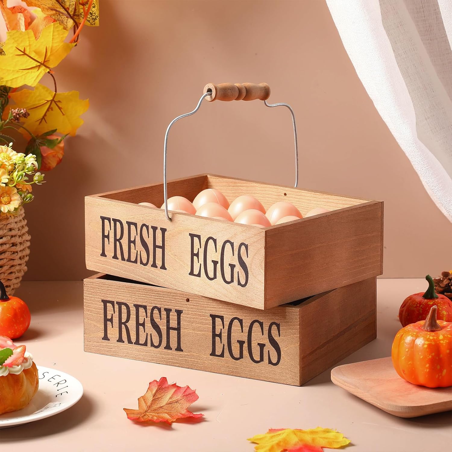 Wenqik 木製エッグバスケット 2個 ハンドル付き卵収集用 ファームエッグホルダー 新鮮な卵24個用 積み重ね可能なクレート 素