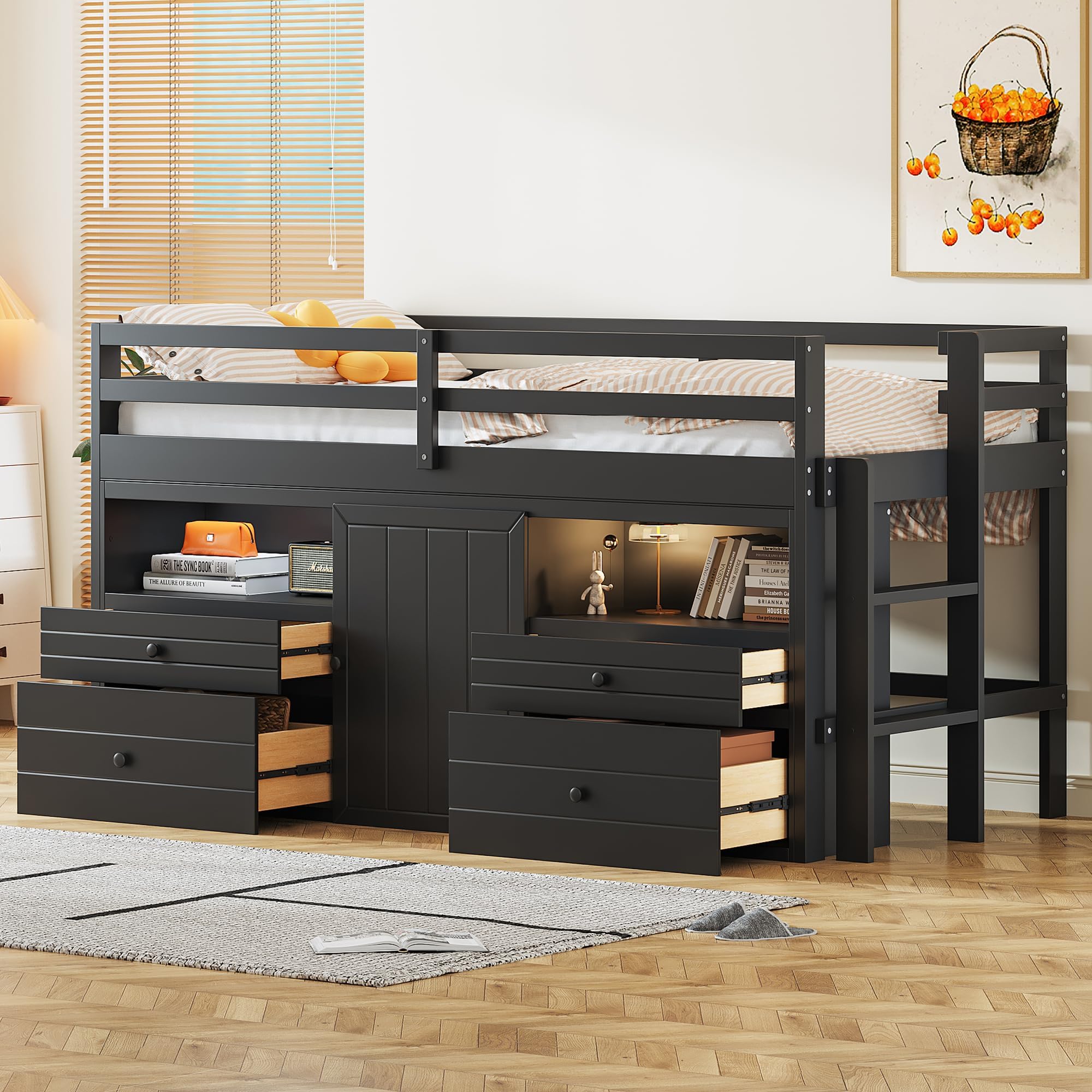 BIADNBZ Twin Size Low Loft Bed with Storage Underneath, Include 4 Drawers, Cabinet and Shelves, Wooden Loftbed Frame w/Ladder, for Kids Boys Girls, Espresso