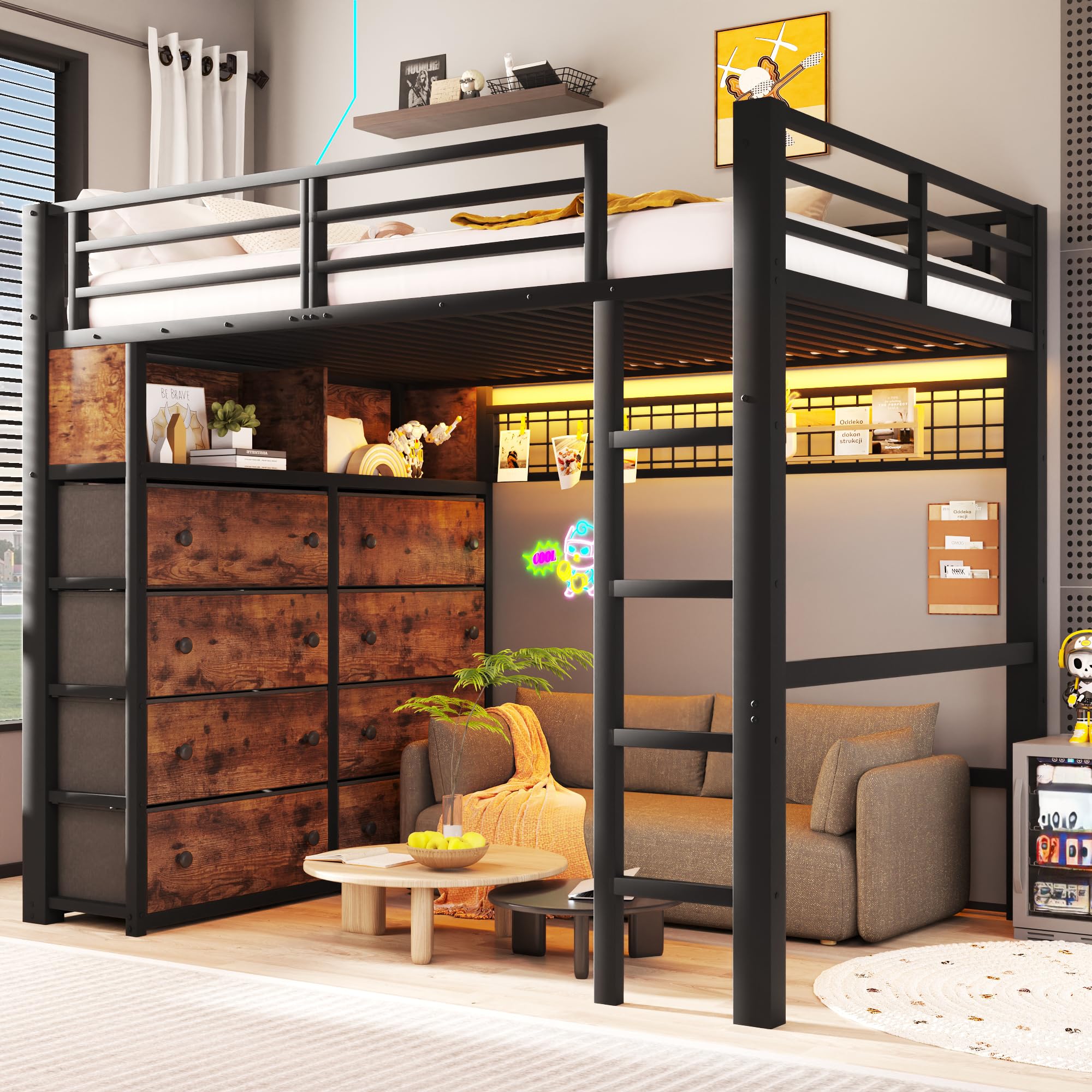 Cama Alta 140x200 con Somier de Lamas Cama con Cajones Marco de Metal Double Bed con 8 Cajones con Protección Anticaídas Perimetral con Baldas Abiertas para Vivienda Negro