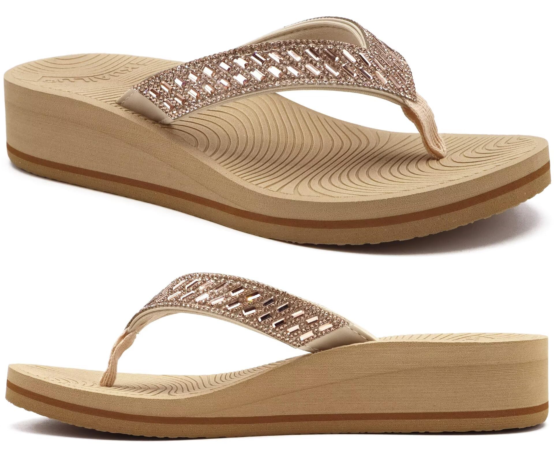 KuaiLu Women's Rhinestone Platform Arch Support Flip Flop Sandals