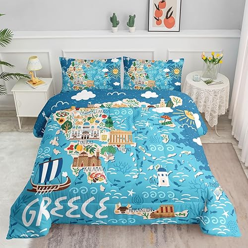 Datura home Juego de edredón de mapa del mundo para niños y niñas, bonito mapa de Grecia con estampado de Acrópolis Sunny Beach, juego de ropa de