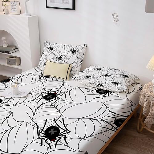 Miniatura 34 de Sábanas de Halloween tamaño individual – Juego de sábanas espeluznantes de calabaza murciélago para niños y niñas, juego de sábanas temáticas