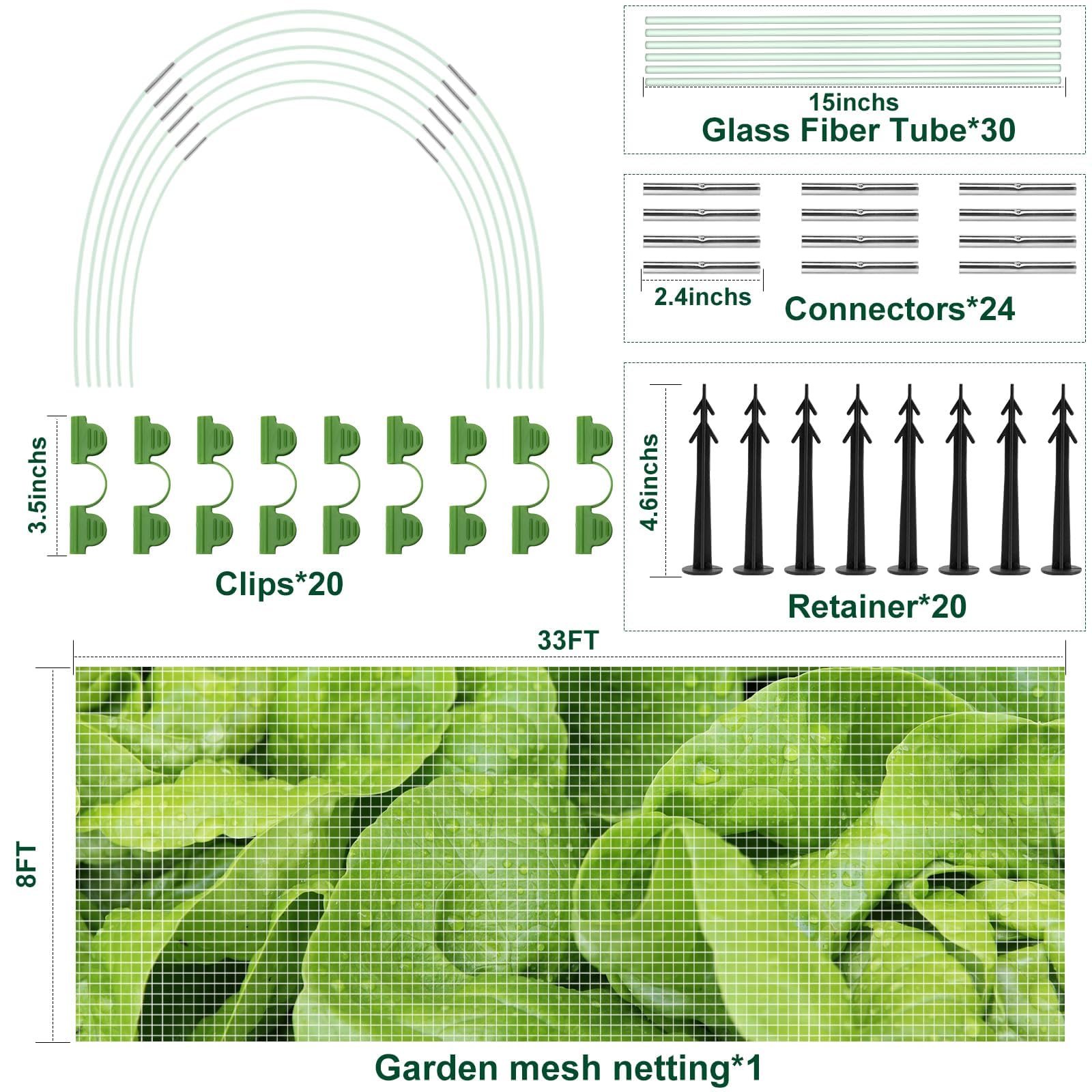 WADEO Kit di rete da giardino, coperture per serre, rete per uccelli per protezione da giardino per aiuole rialzate ortaggi, inclusa rete a maglia fine, telaio in fibra di vetro antiruggine
