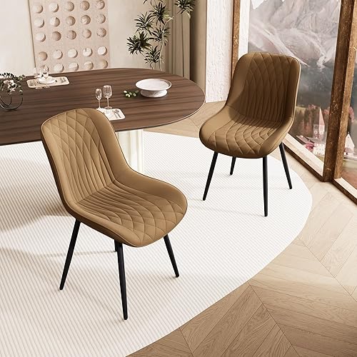 Miniatura 7 de YOUNIKE Juego de 2 sillas de comedor color marrón con respaldo alto, sillas modernas de cocina y comedor de mediados de siglo, tapizadas de piel