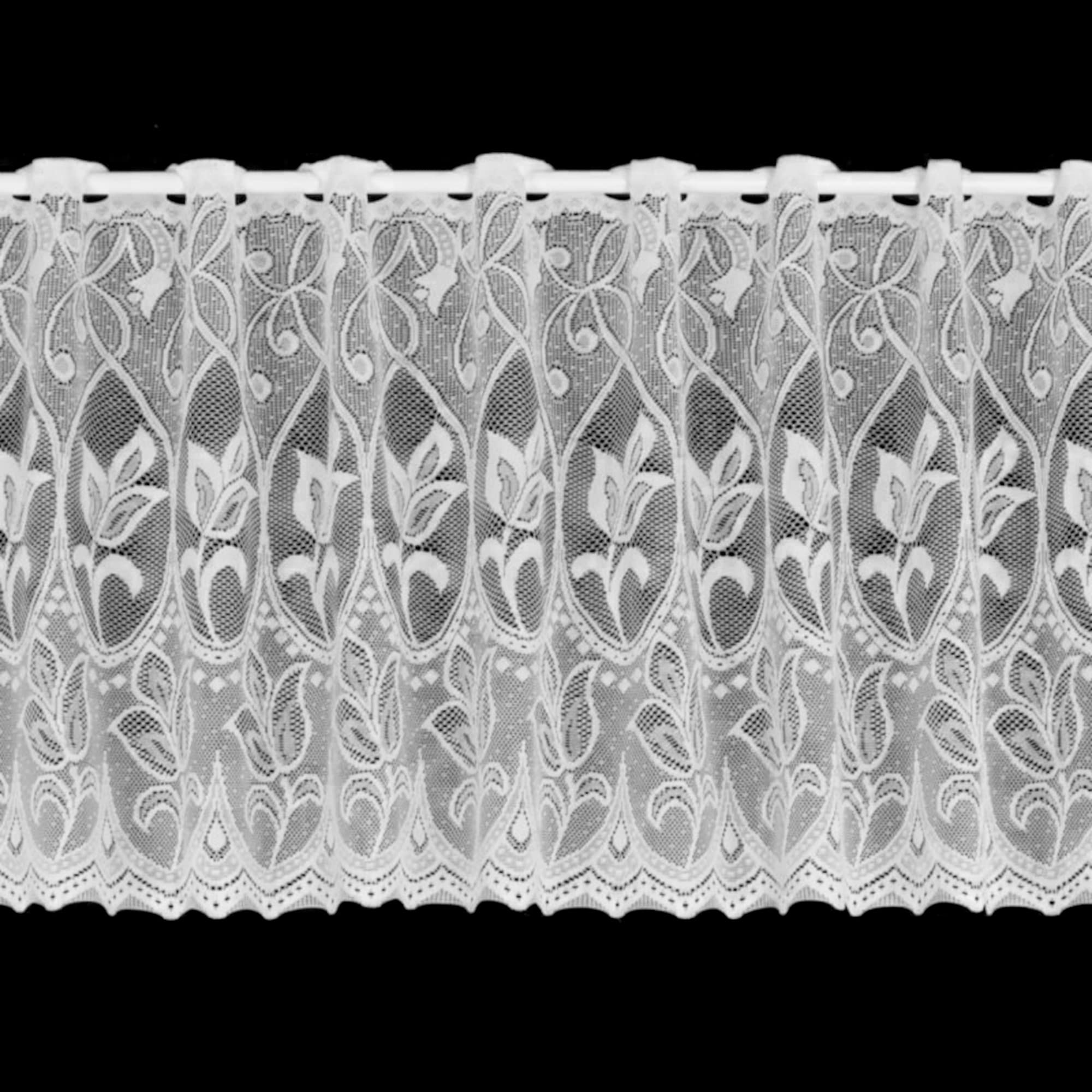 Kellyuk Tulip Floral Quality Cheap Budget White Slot Top Cafe Net Curtain With Intricate Design - 5 Metres Wide x 12" (30cm) Drop