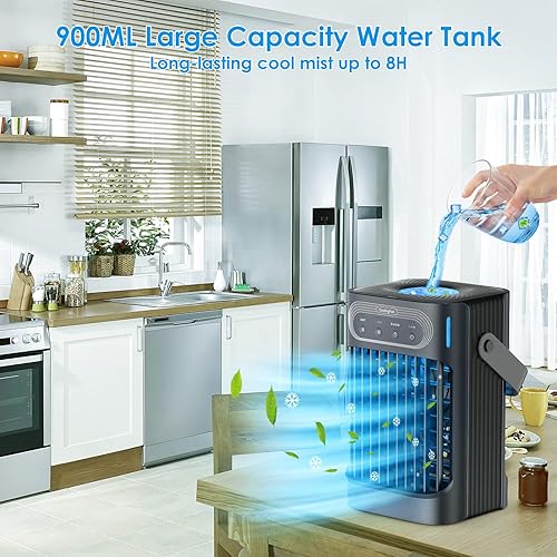 Miniatura 6 de Ventilador de aire acondicionado portátil, mini aire acondicionado evaporativo mejorado portátil con 3 nieblas frías y velocidades, 7 luces