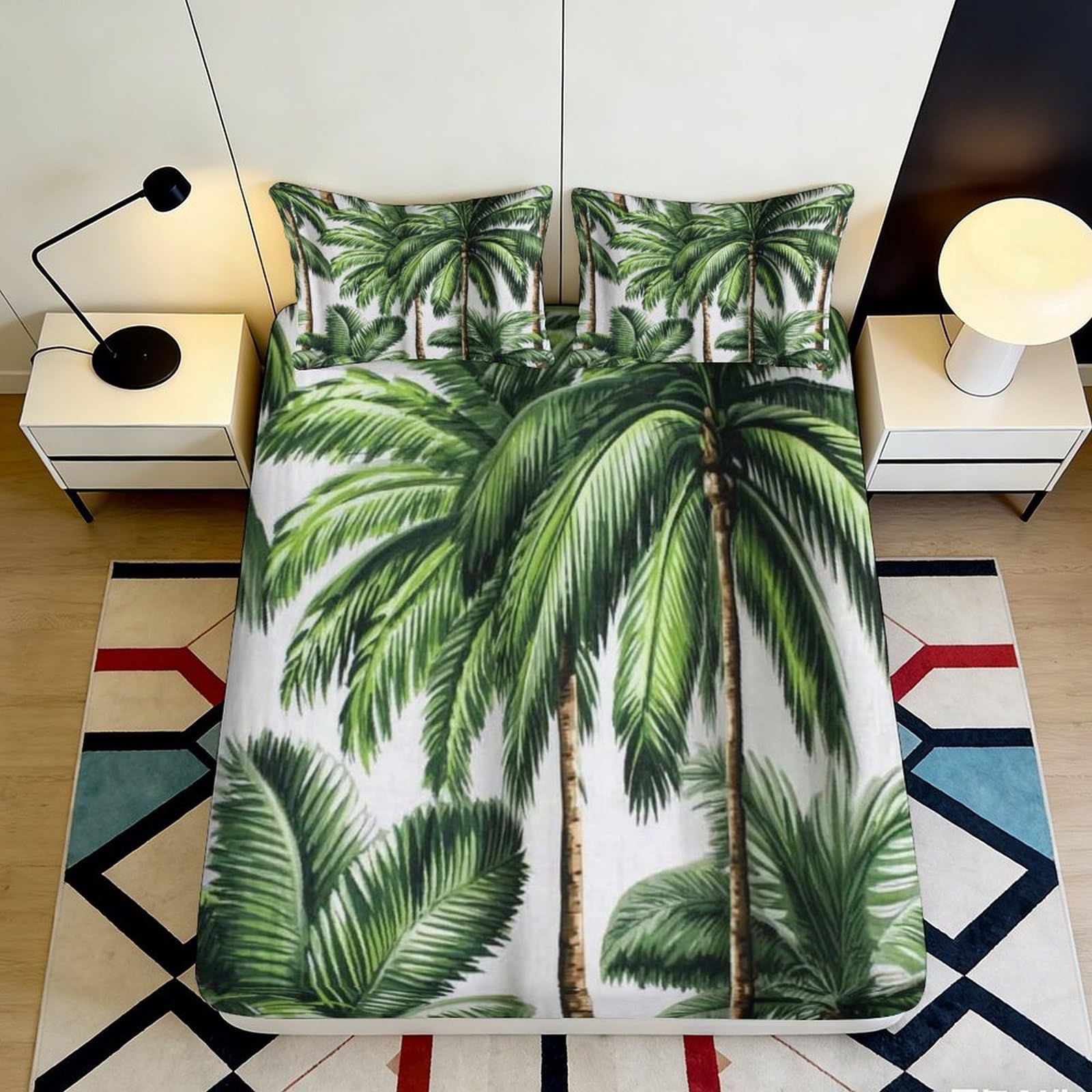 3D Printed Tropical Palm Tree Fitted Sheet Microfiber Soft Breathable Leaf Bed Cover for Bedroom Dormitory Guest Room Mattress Protection Decor 120x200x25cm