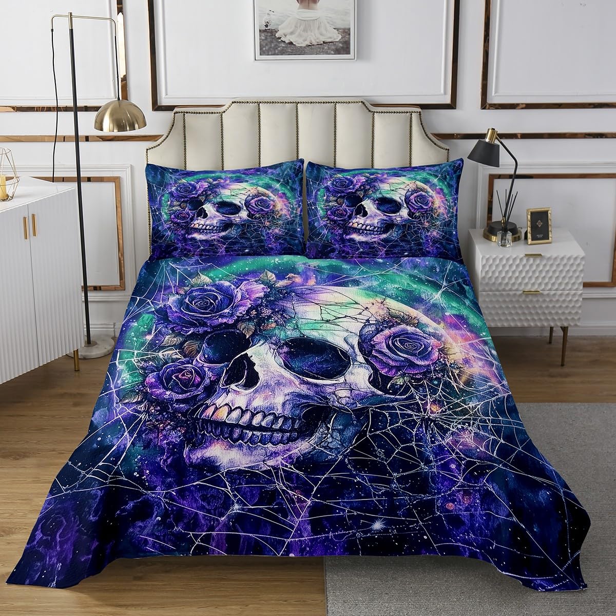 Castle Fairy Halloween Skull Coverlet Set Queen Size,Gothic Sugar Skeleton Rose Floral Durable Bedspread for Girls Teens,Spider Web Blue Starry Galaxy Soft Polyester Quilt Set, with 2 Pillowcases