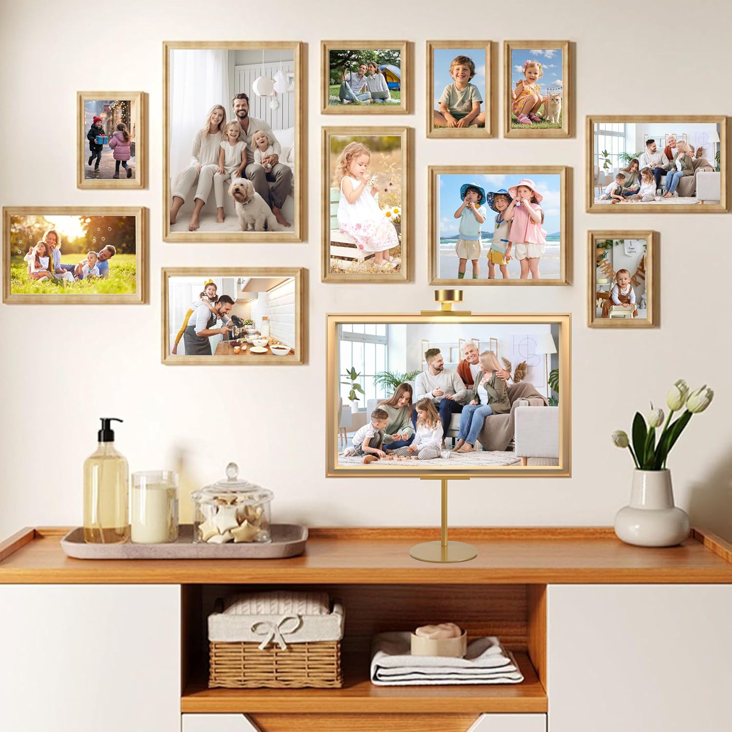 Adjustable Desktop Photo Frame Stand with Magnetic Wall Painting Light, Holds Picture Frames up to 30 Inch,with Rechargeable Battery,Metal Vertical Stand with 3 Color Temperature & 13RGB Poster Lights, for Displaying Picture Frames, Artworks (Gold)