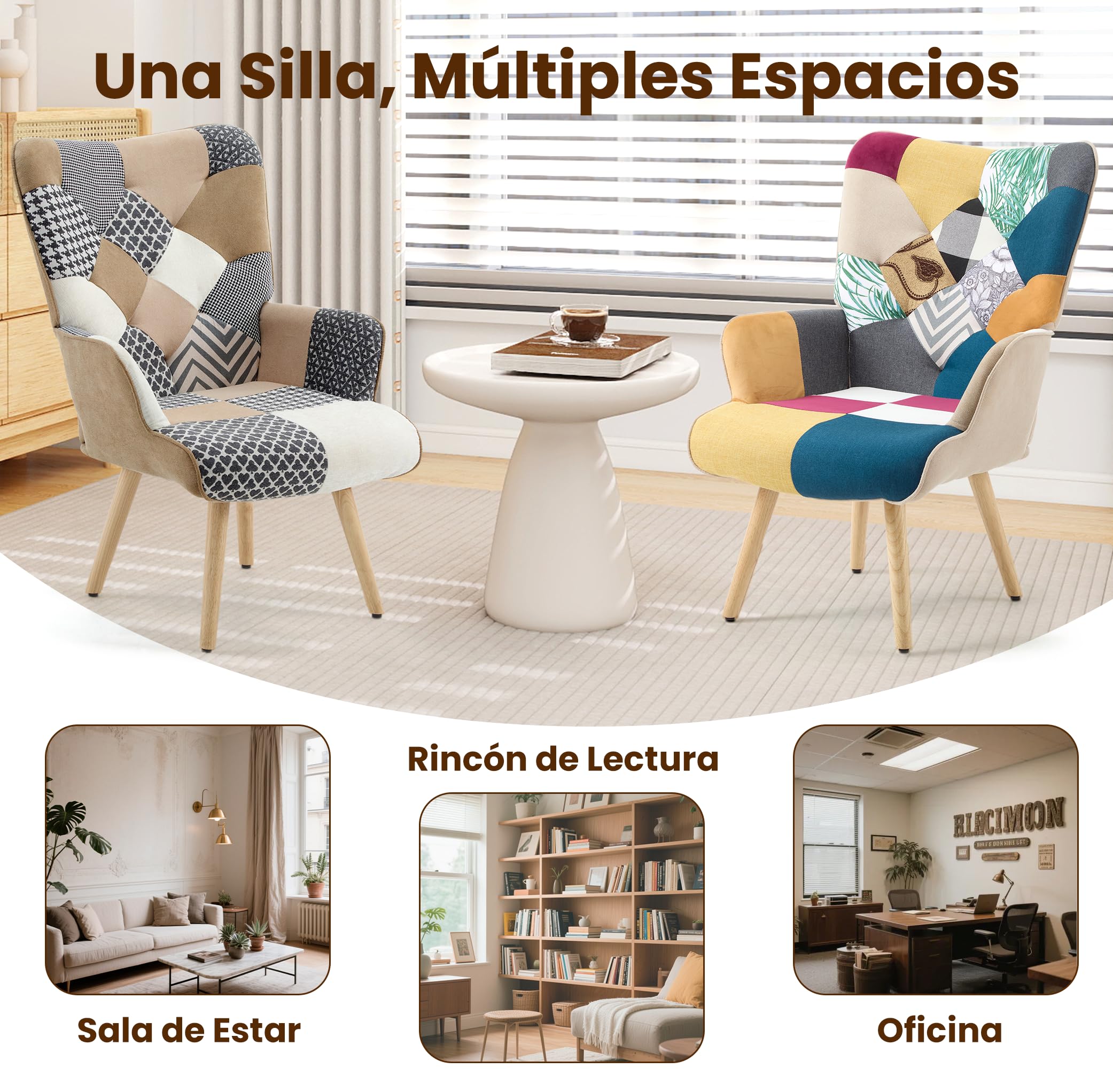 Pack de 2 Sillones de Acento Patchwork, Sillones Tapizados de Tela de Lino con Respaldo Alto y Patas de Madera para Salón, Dormitorio y Sala de Espera, Gris