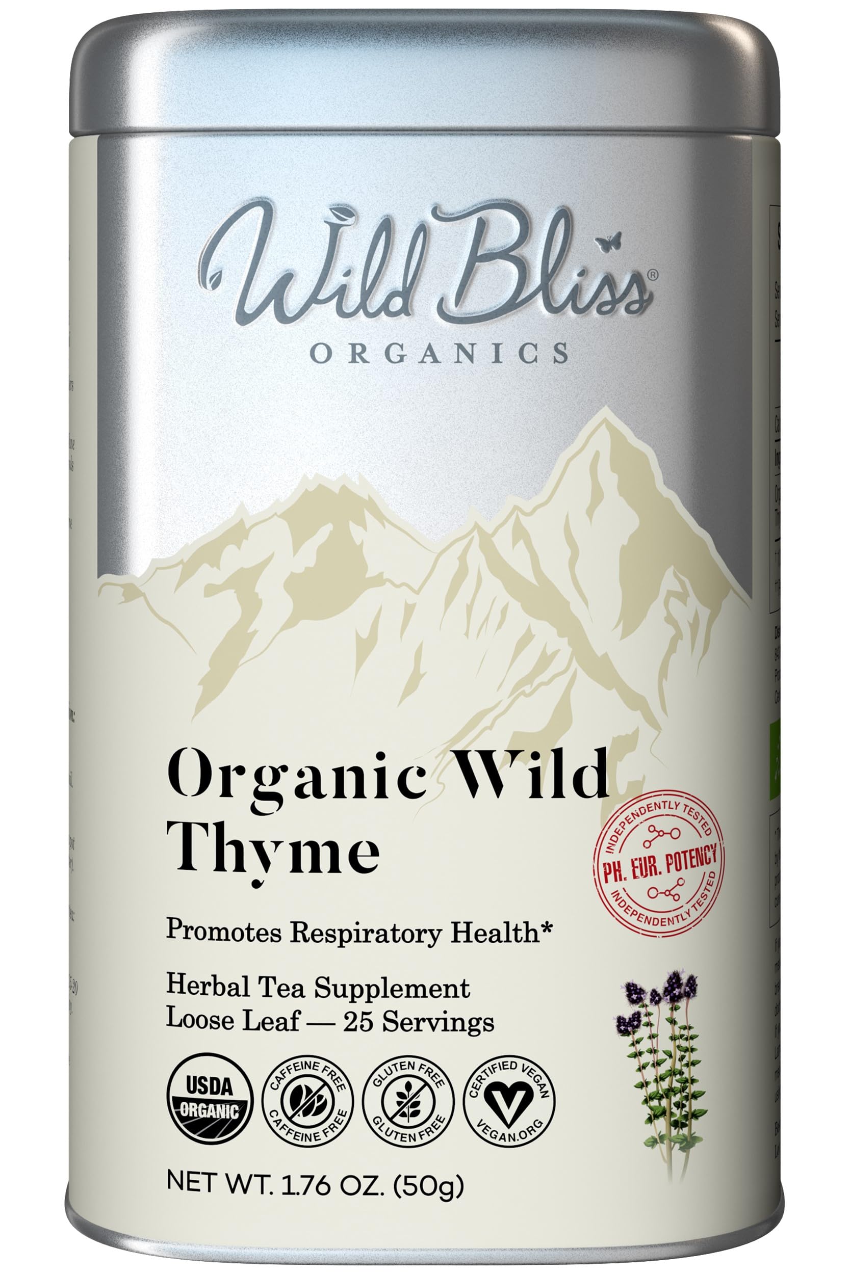 Wild Bliss Organic Wild Breckland Thyme Tea - Caffeine Free Loose Leaf Herbal Tea - Resipratory and Digestion Support - 1.76 Oz - 25 Servings