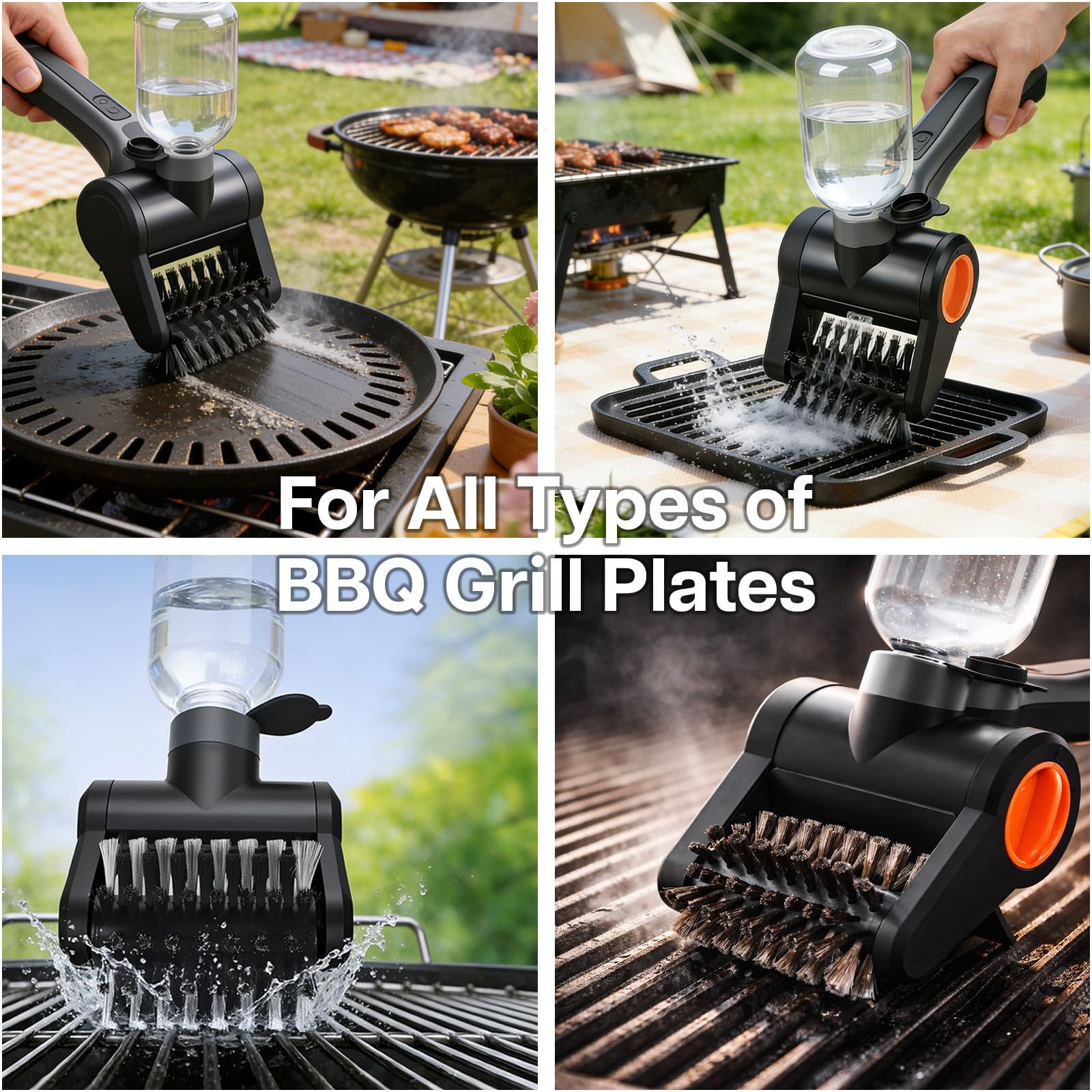 Elektryczna Szczotka do Grilla z Zbiornikiem Wody 300ml firmy MMOBIEL – Bezprzewodowy Środek do Czyszczenia BBQ z 2 Prędkości, Silnik 100W, Ładowanie USB-C, Ergonomiczny Uchwyt, Etui i Rękawice