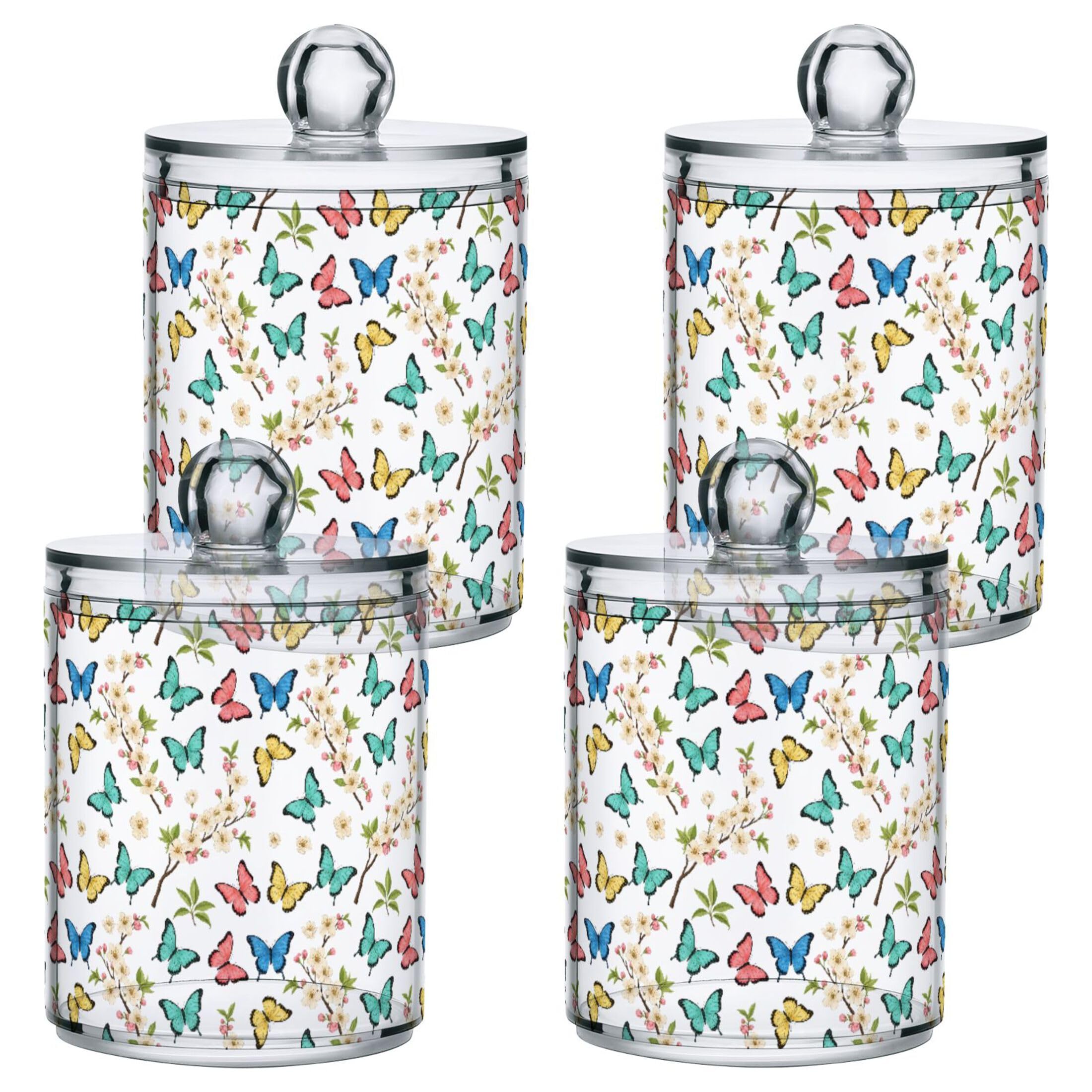 Fuauuyl Butterfly Qtip Holder Dispenser 4 Pack Plastic Apothecary Jar Storage Organization Bathroom Vanity Makeup Storage Organization for Cotton Ball Swab Pad