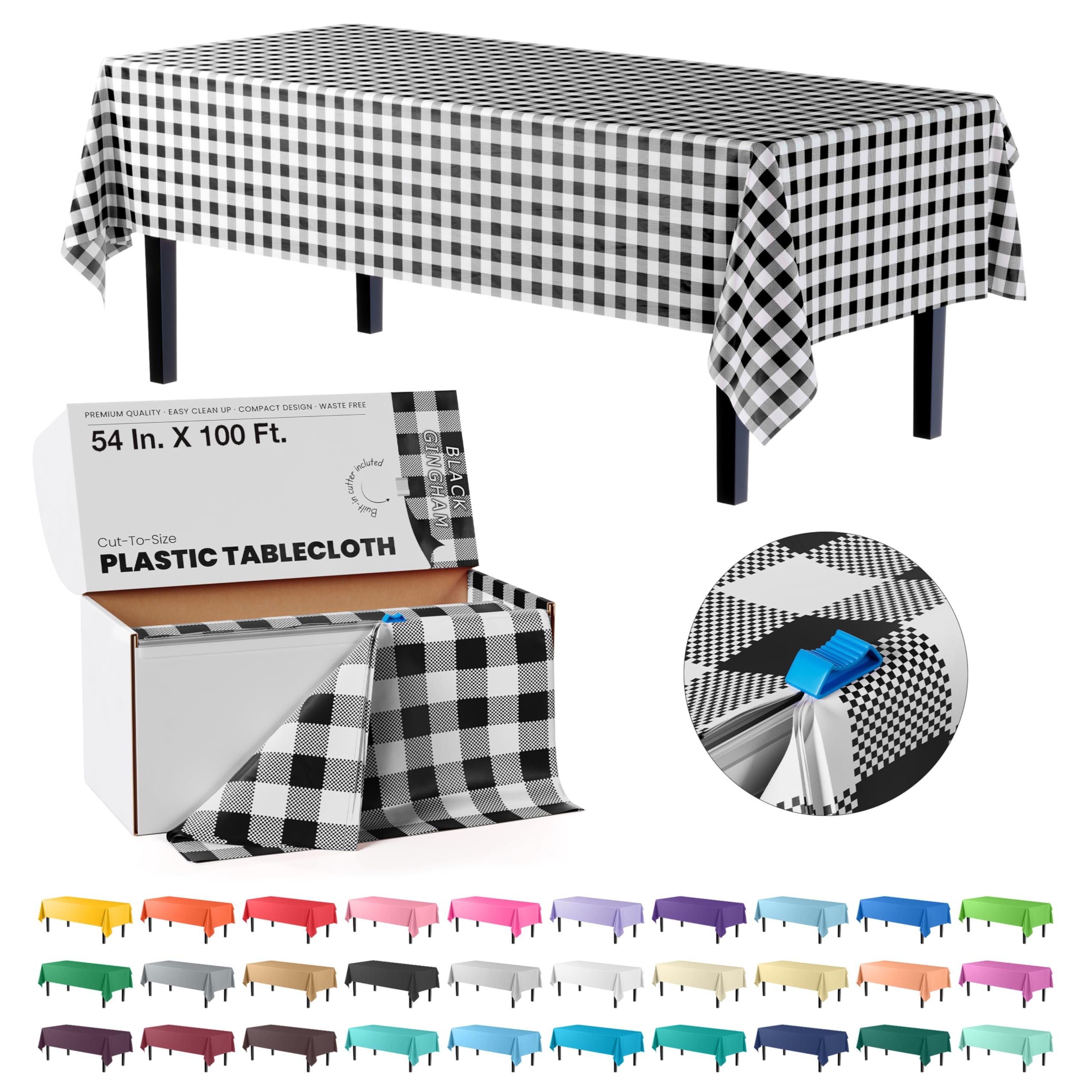 Exquisite Black Gingham 54 Inch X 100 Feet Plastic Table Cover Roll In A Cut - To - Size Box With Convenient Slide Cutter. Cuts Up To 12 Rectangle 8 Feet Plastic Tablecloths
