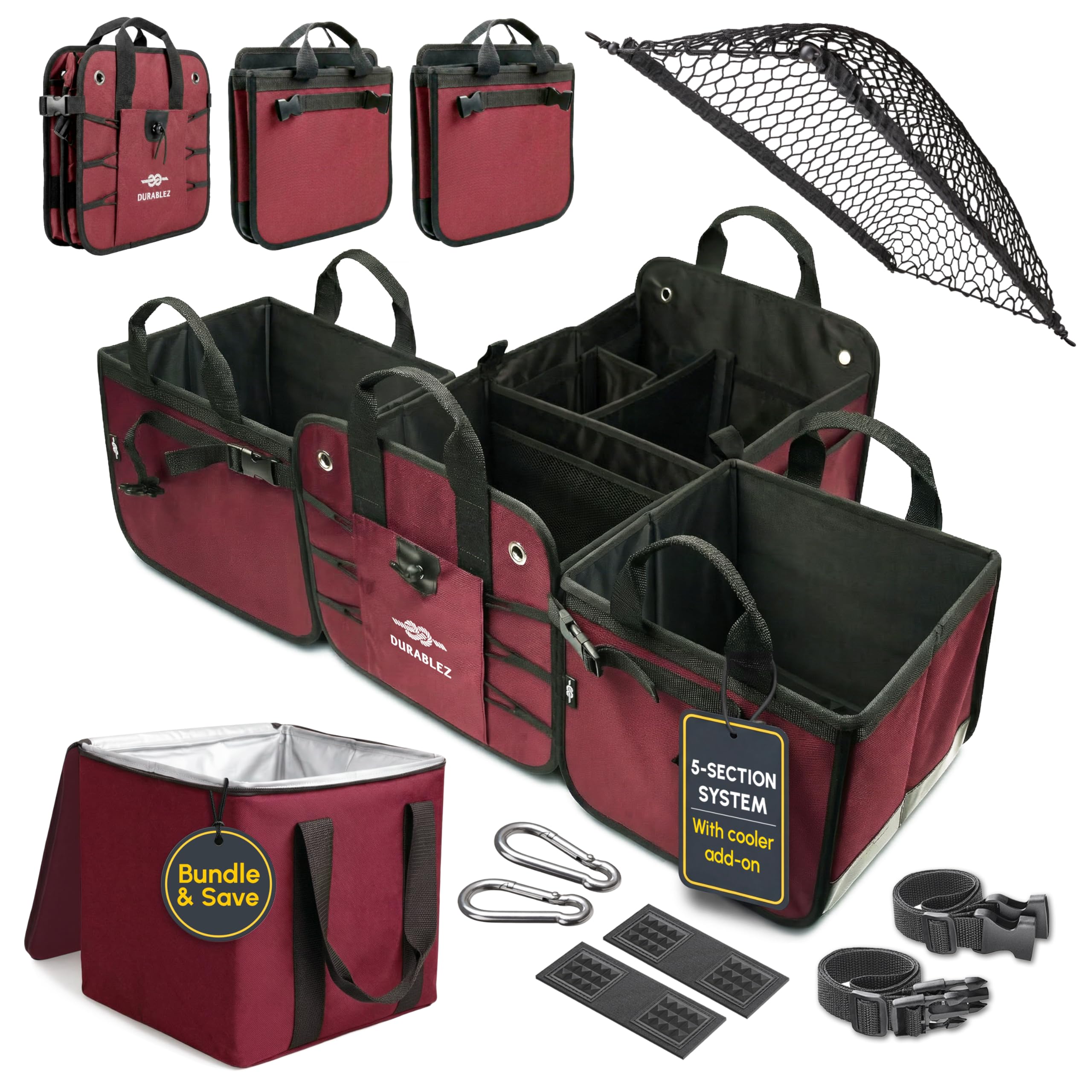 5-Section Trunk Organizer for SUV, Truck, Sedan, Van – Modular Extra Large Cargo Storage Bin, Detachable Car Trunk Organizer with Dividers, Collapsible Auto Organization System – Cherry Red