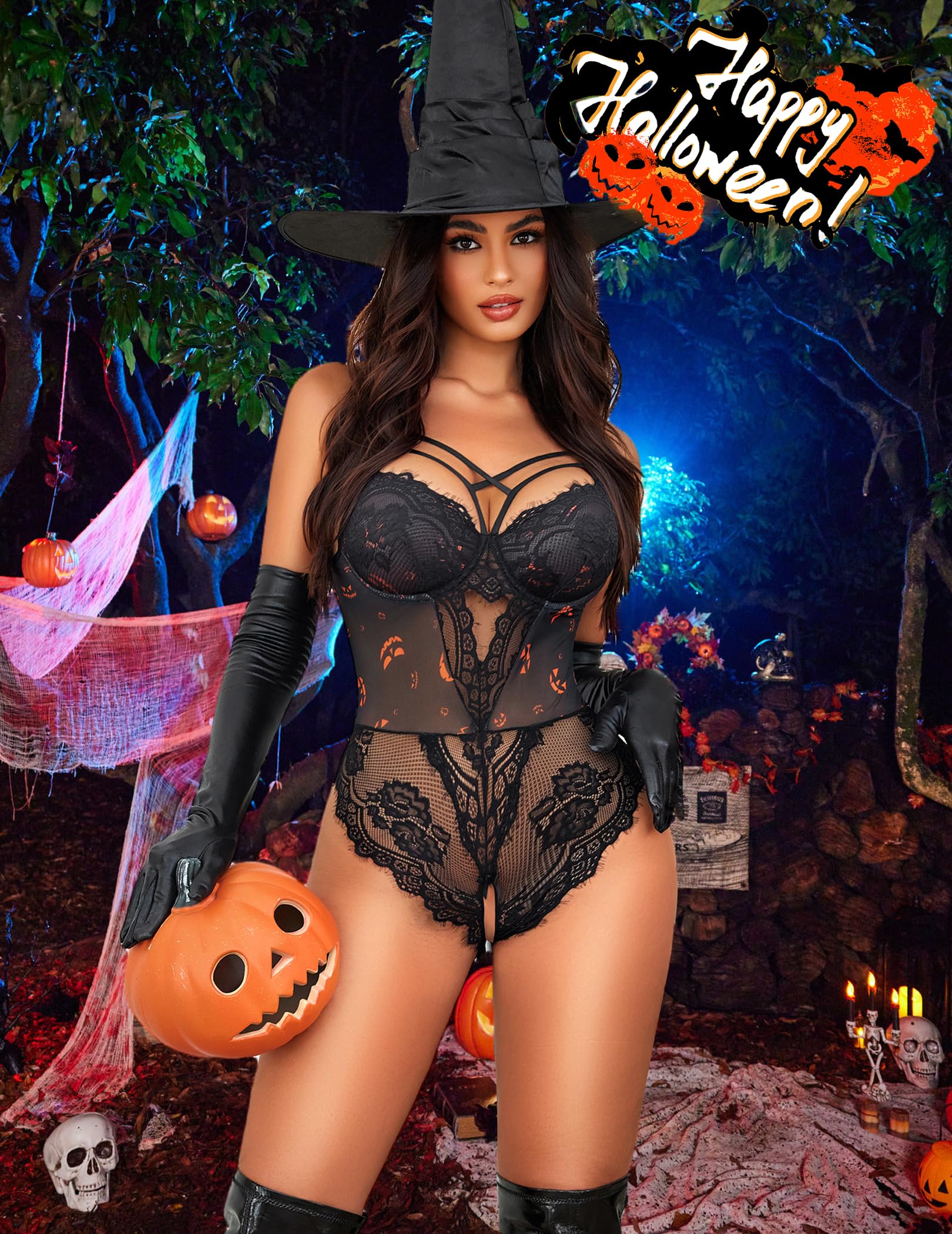 Avidlove Women Lingerie Floral Lace Harness Lingerie Bodysuit One Piece Teddy Babydoll Nightgown: Pumpkin Face XX-Large