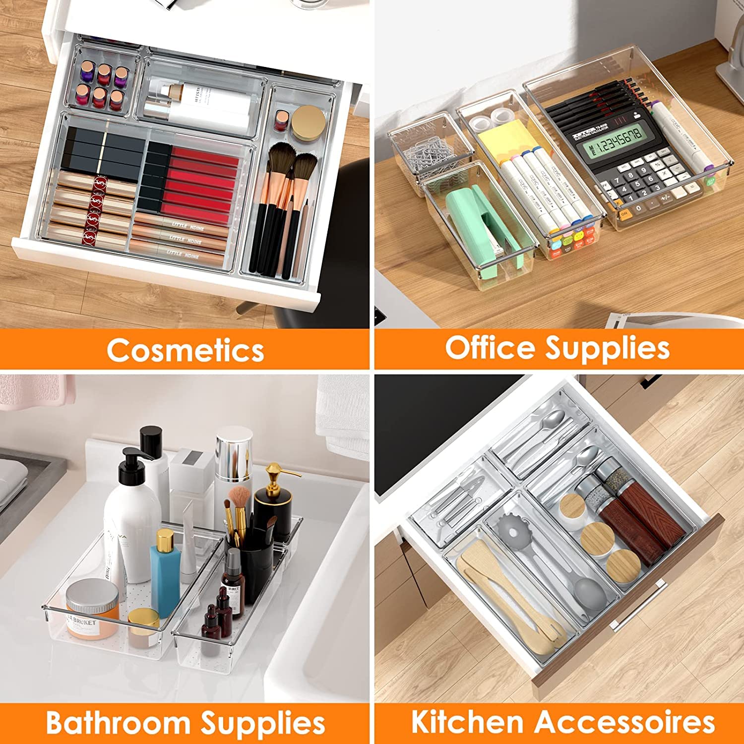 Snazzy 42 PCS Clear Plastic Drawer Organizer Set, Non-Slip/Crack Bathroom Vanity Drawer Organizer Trays Dividers, Versatile Storage Bins for Makeup, Jewelry and Office, Desk, Bathroom itchen 2