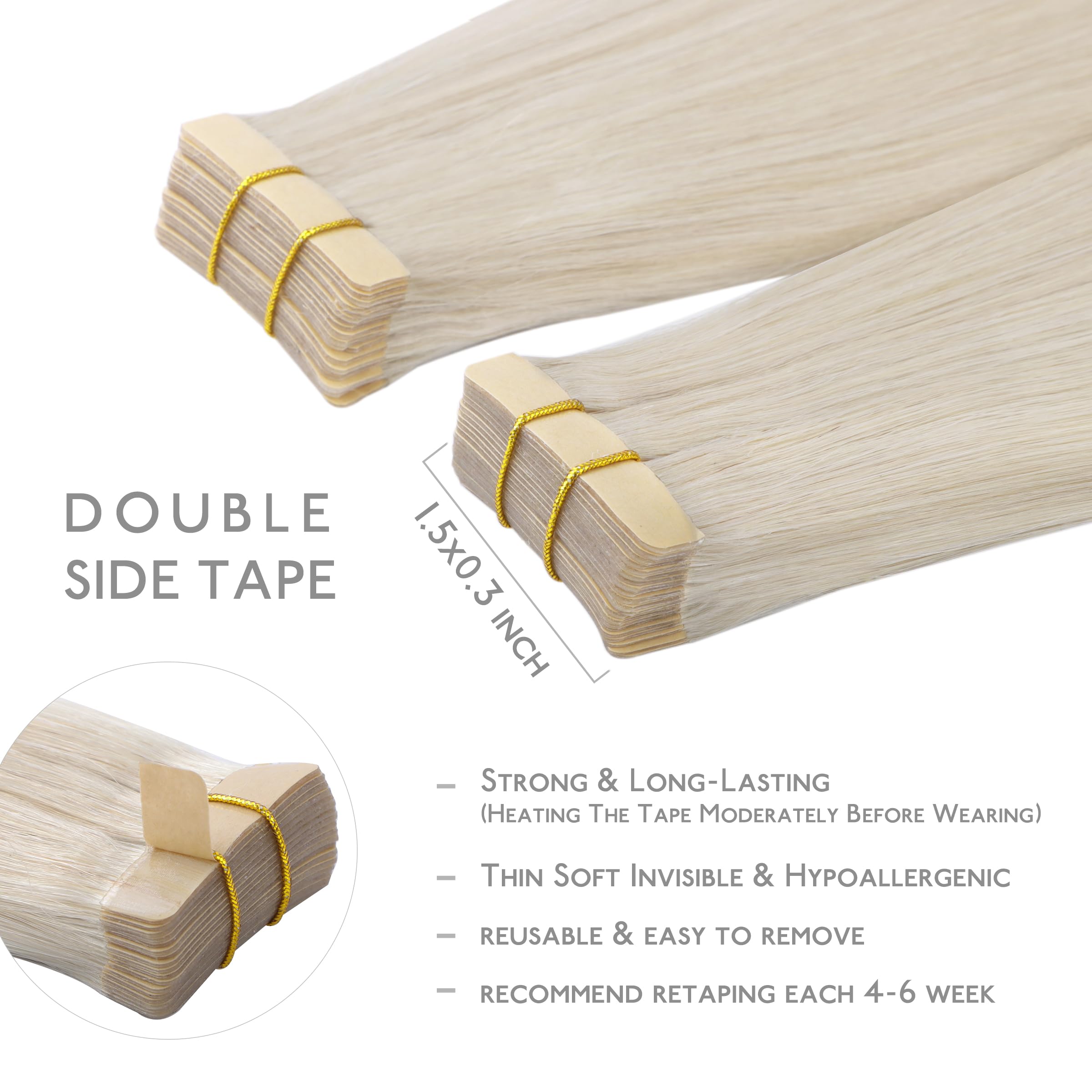 WENNALIFE Tape Extensions Echthaar, 20pcs 50g 35cm 14 Zoll Platinblond Remy Invisible, Seidig Gerade Echthaar Extensions Skin Weft Tape Ins - 3