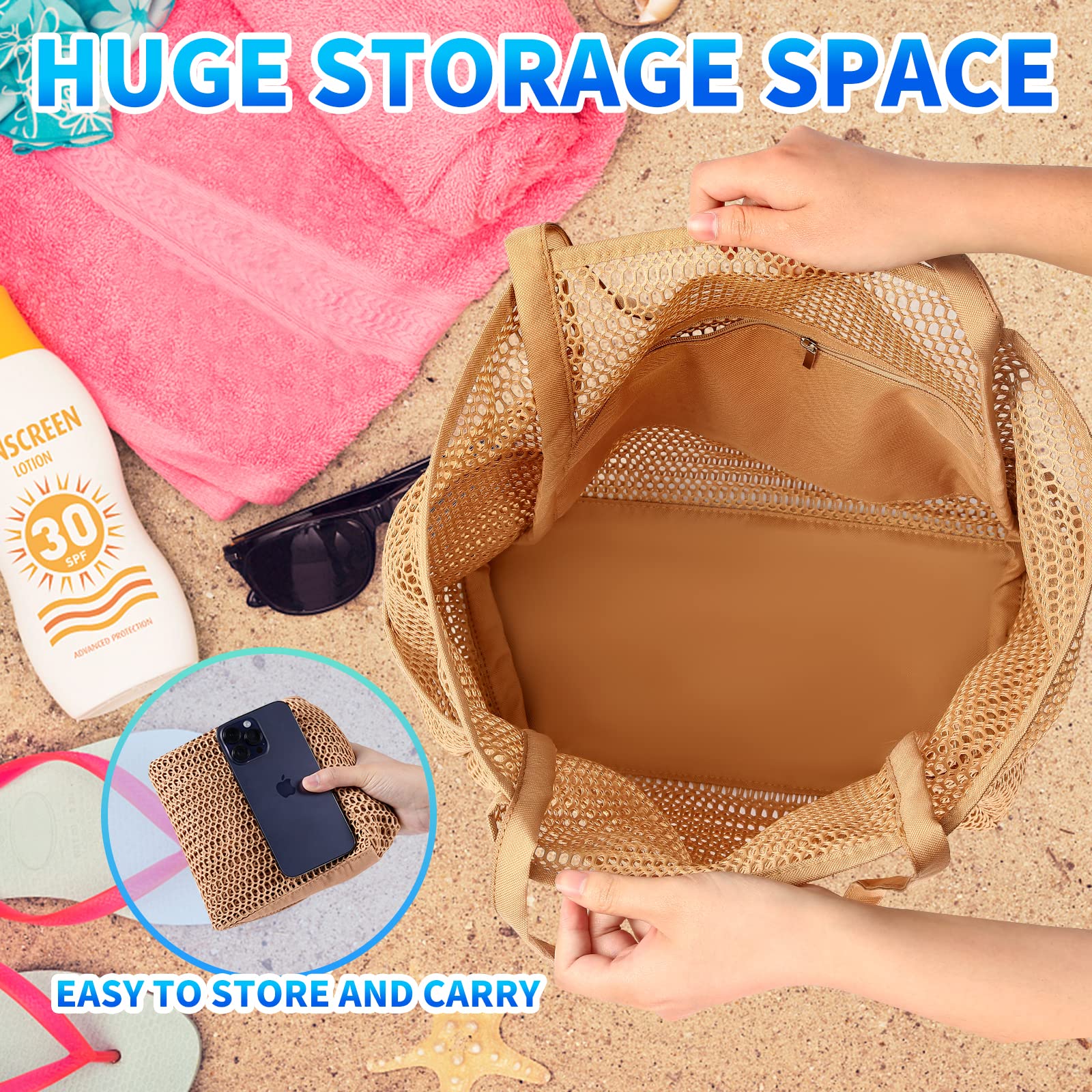 Borsa da Spiaggia Pieghevole in Rete Grande, Donna, Tasche Multiple e Cerniera, per Viaggi Picnic