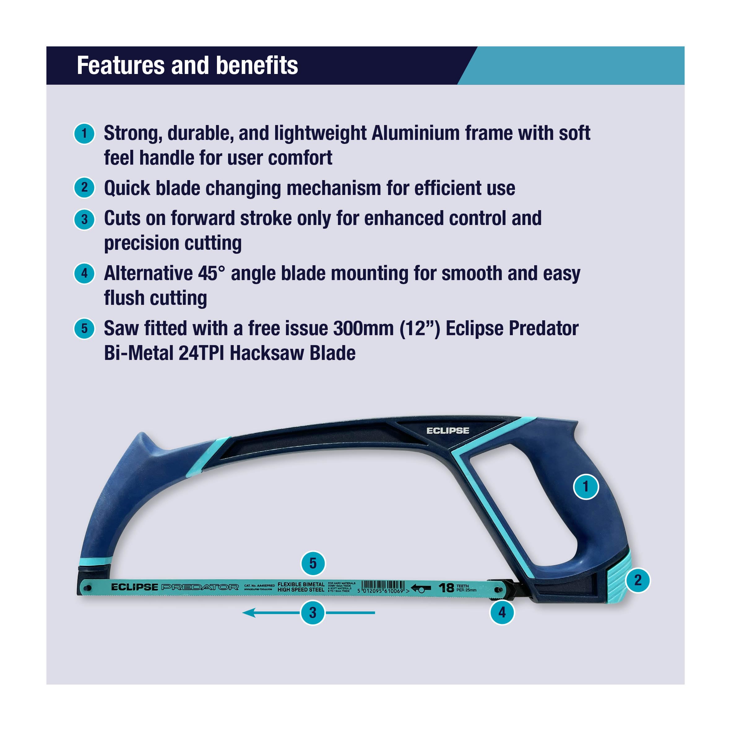 Eclipse Professional Tools EPH300 Soft Feel Hacksaw (12"), Metal Cutting Ergonomic Comfort Grip Hand Saw - Image 2