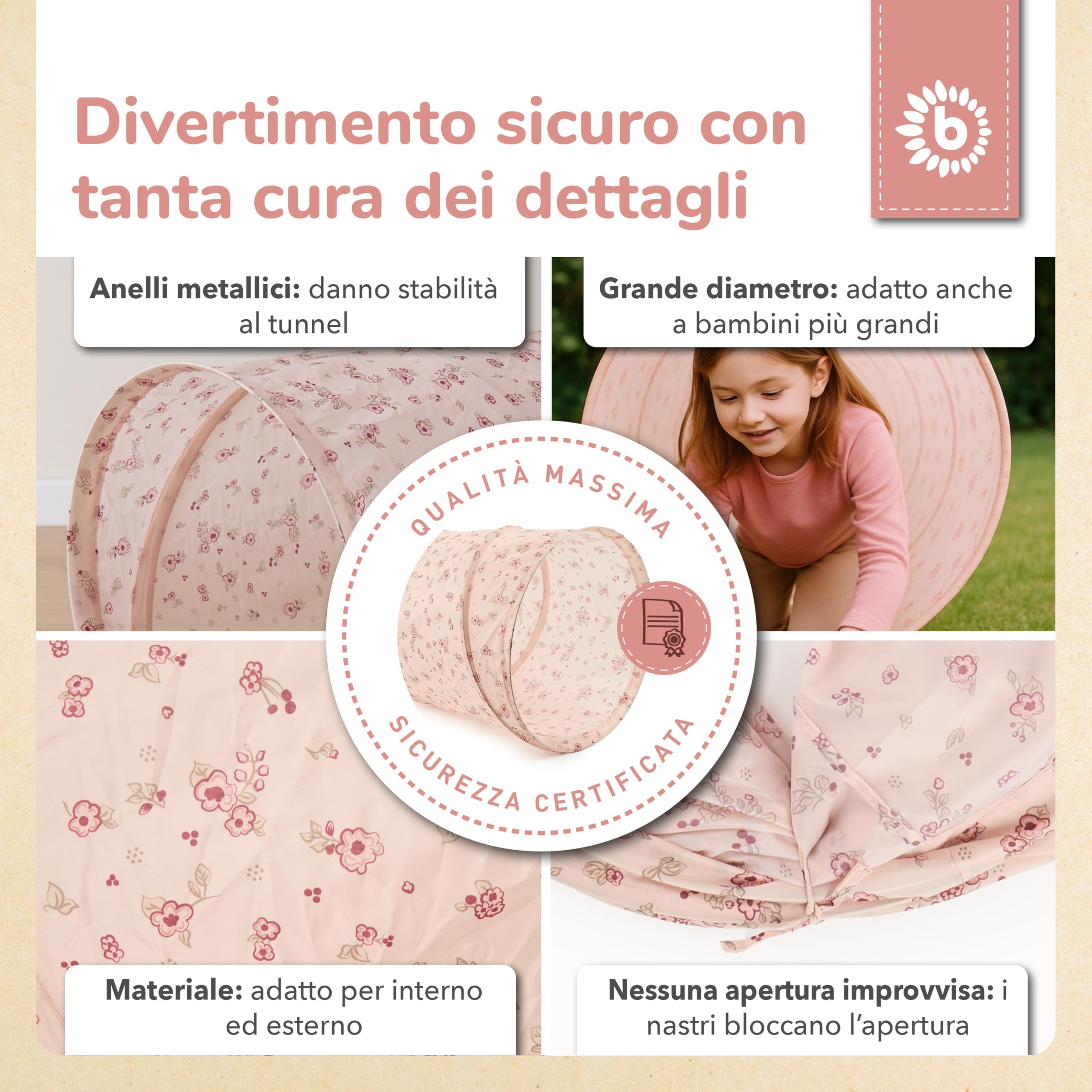 Bieco Pop Up Tunnel Flori Sognanti per Bambini da 1 Anno | 180 x 46 cm