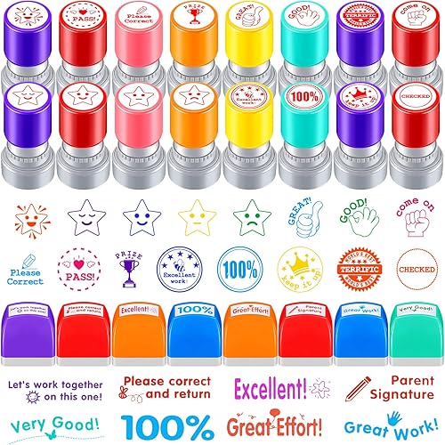 Yexiya 24 Pcs Teacher Stamps for Grading Motivational Self Inking Stamp Homework Teacher Supplies Encouraging Classroom Stamps Colorful Stationery