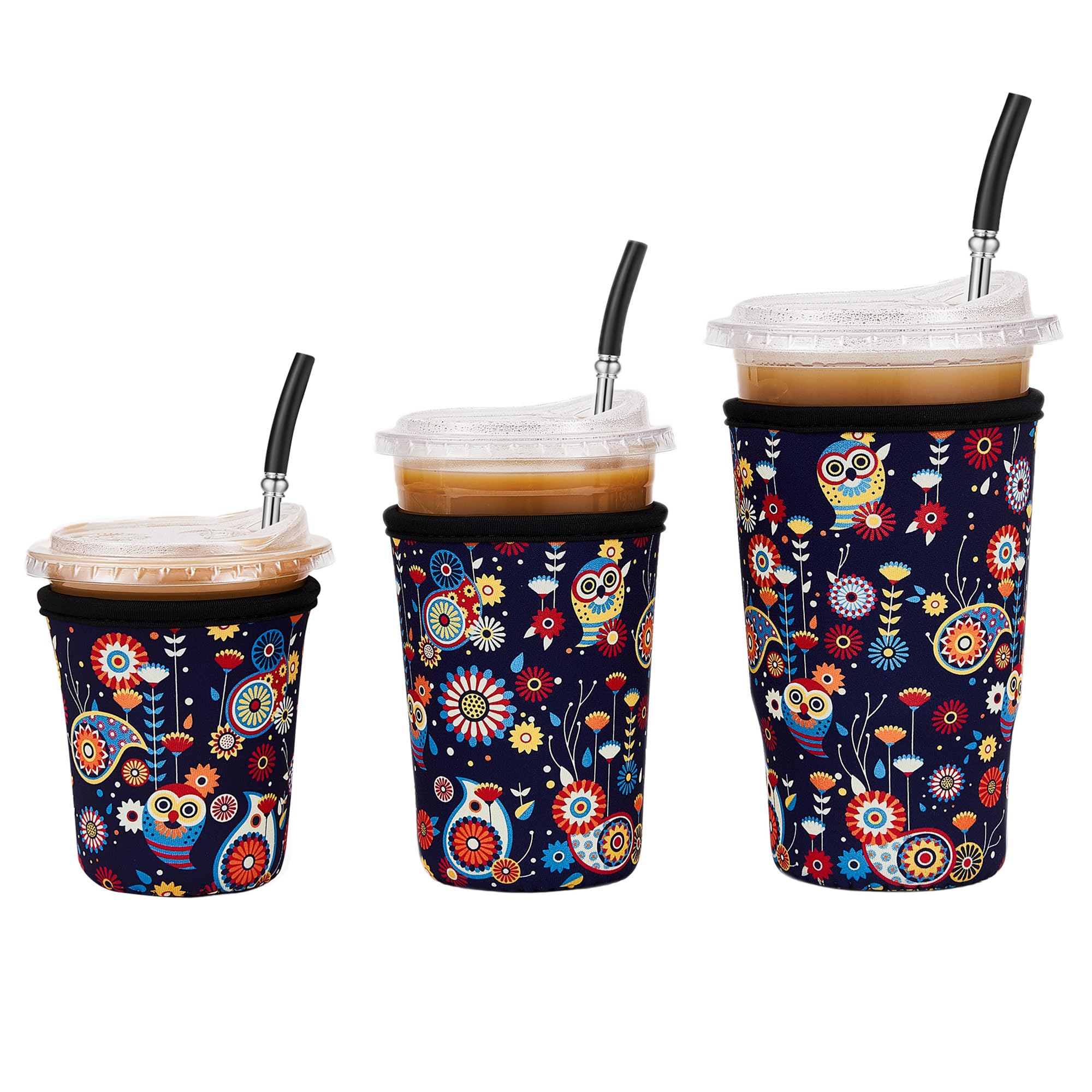 Cavllson 3 Pack Reusable Insulated Neoprene Iced Coffee Sleeves & Coffee Cup Holder, Universal Fit 16-32oz Cups for Hot/Cold Beverages - Owl-3 Pack