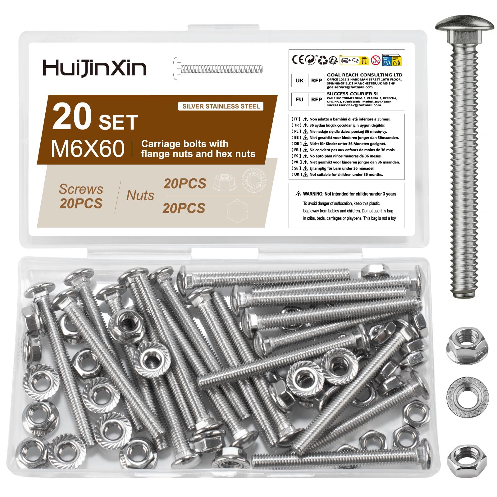 20 Sets M6 Bolt Set, M6 x 60mm Coach Bolts, Cup Square Carriage Bolts and Nuts Set, Stainless Steel Coach Screws, Carriage Screws with Hex Flange Nuts