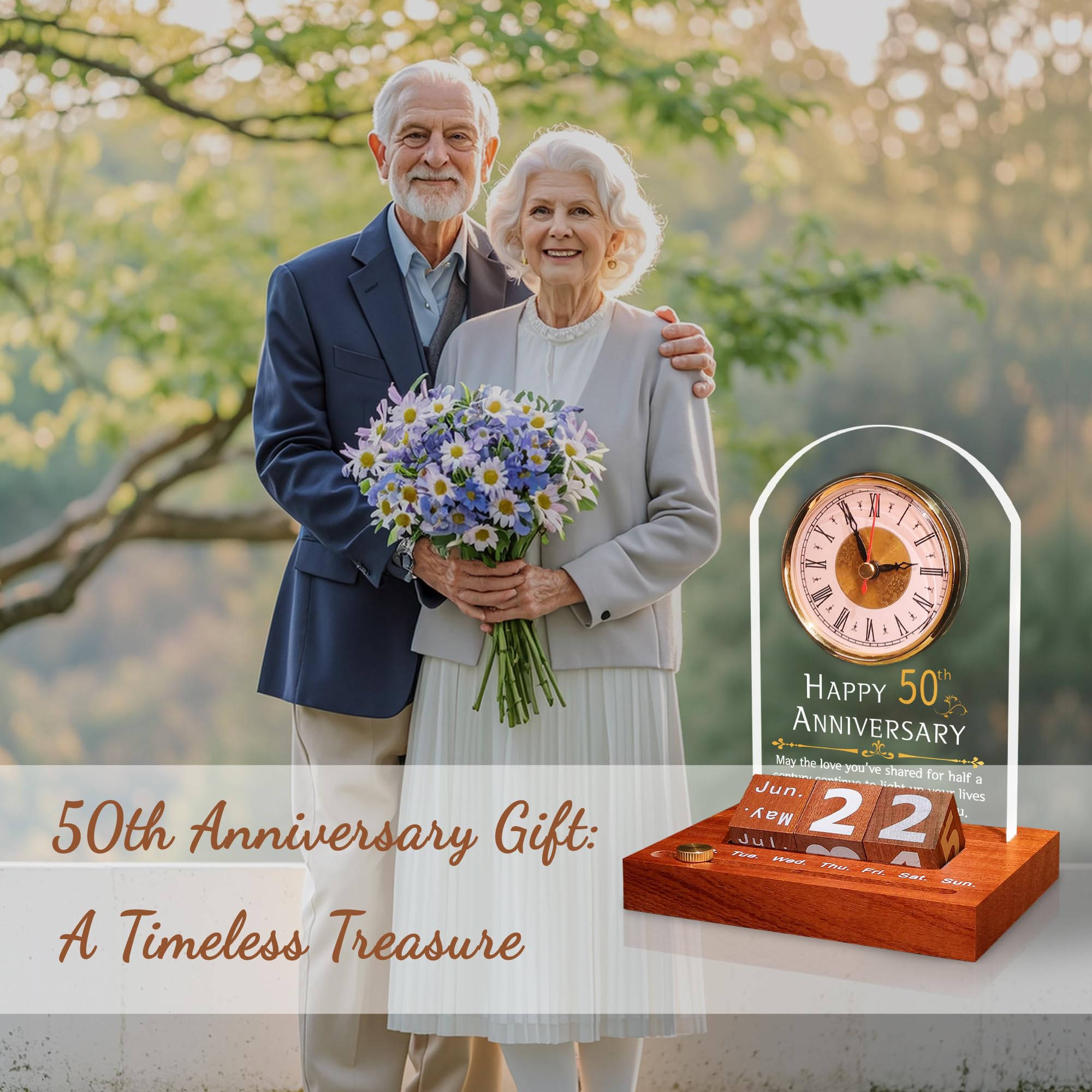 OkiyiD 50° Anniversario di Nozze, Orologio in Quarzo per Anniversario, Orologio da Scrivania, 50 Anni di Matrimonio, Nozze d'Oro per Coppia, Genitori, Nonni (Base in Legno con Luce LED)