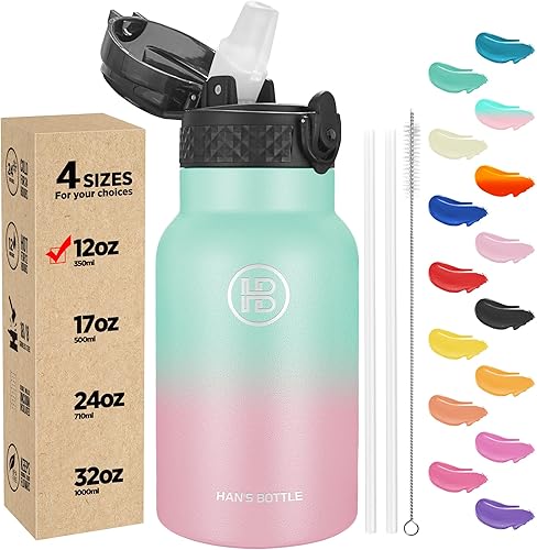 Han's Bottle Botella de agua para niños con tapa con pajilla, vaso reutilizable de acero inoxidable aislado para niños pequeños, niñas, niños, taza