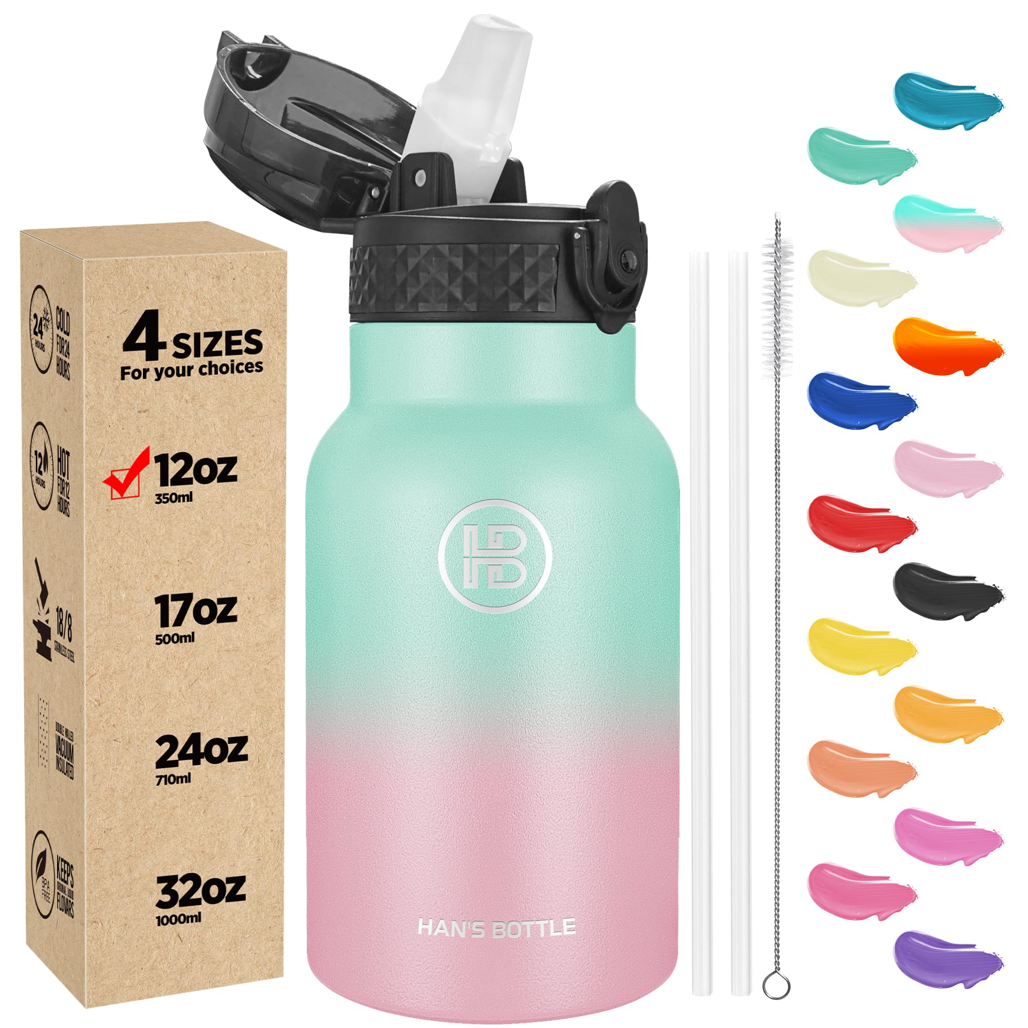 Han's Bottle Kids Water Bottle with Straw Lid - Insulated Stainless Steel Reusable Tumbler for Girls,Boys,Thermo Mug,12oz,Bubble Gum