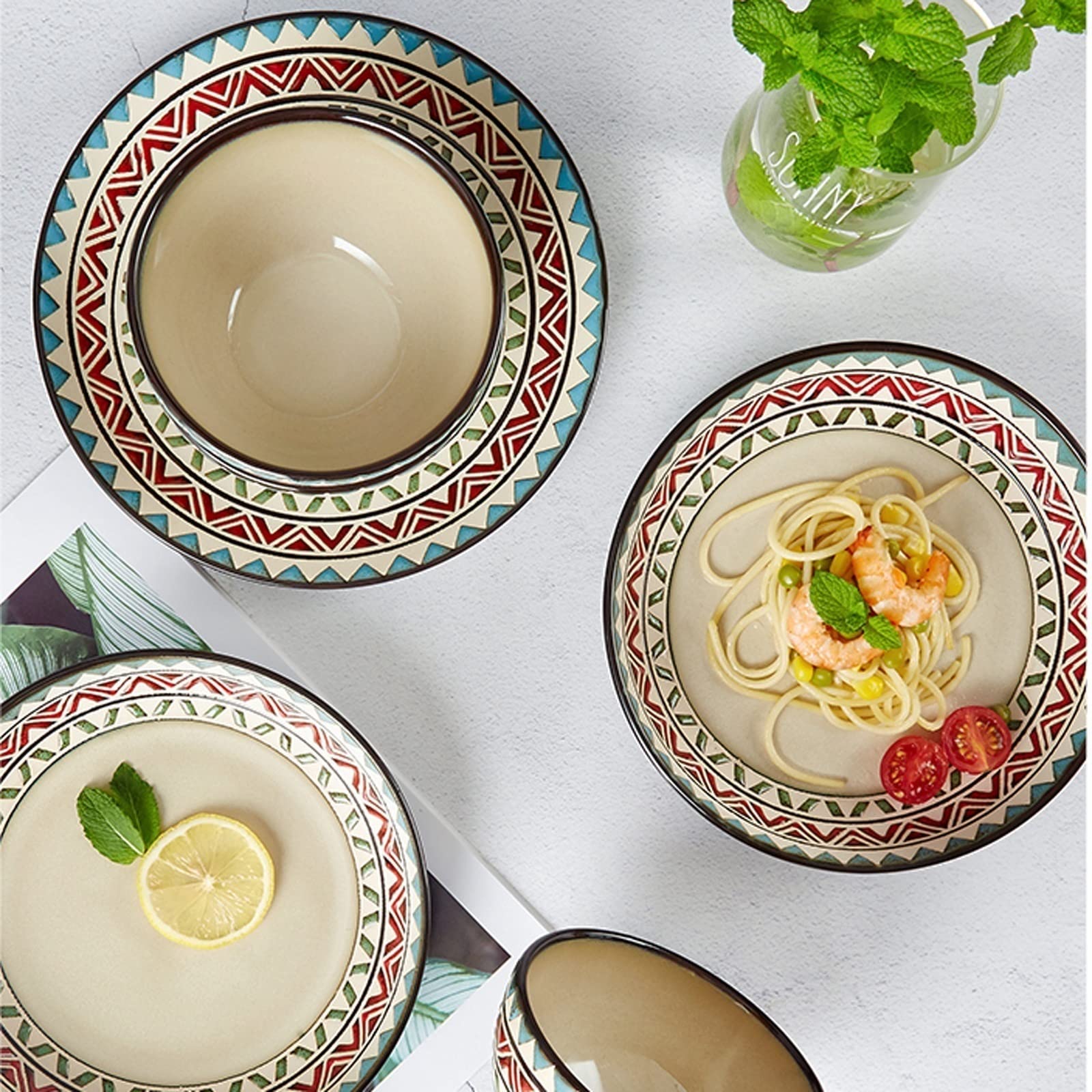 H3TF5J Set di Piastre per Cena a Base di Geometrica retrò, Set di stoviglie in Ceramica a 18 Pezzi, lavastoviglie e tavoli da Tavolo sicuri a microonde, Piastre di Porcellana Durevole ad Alta