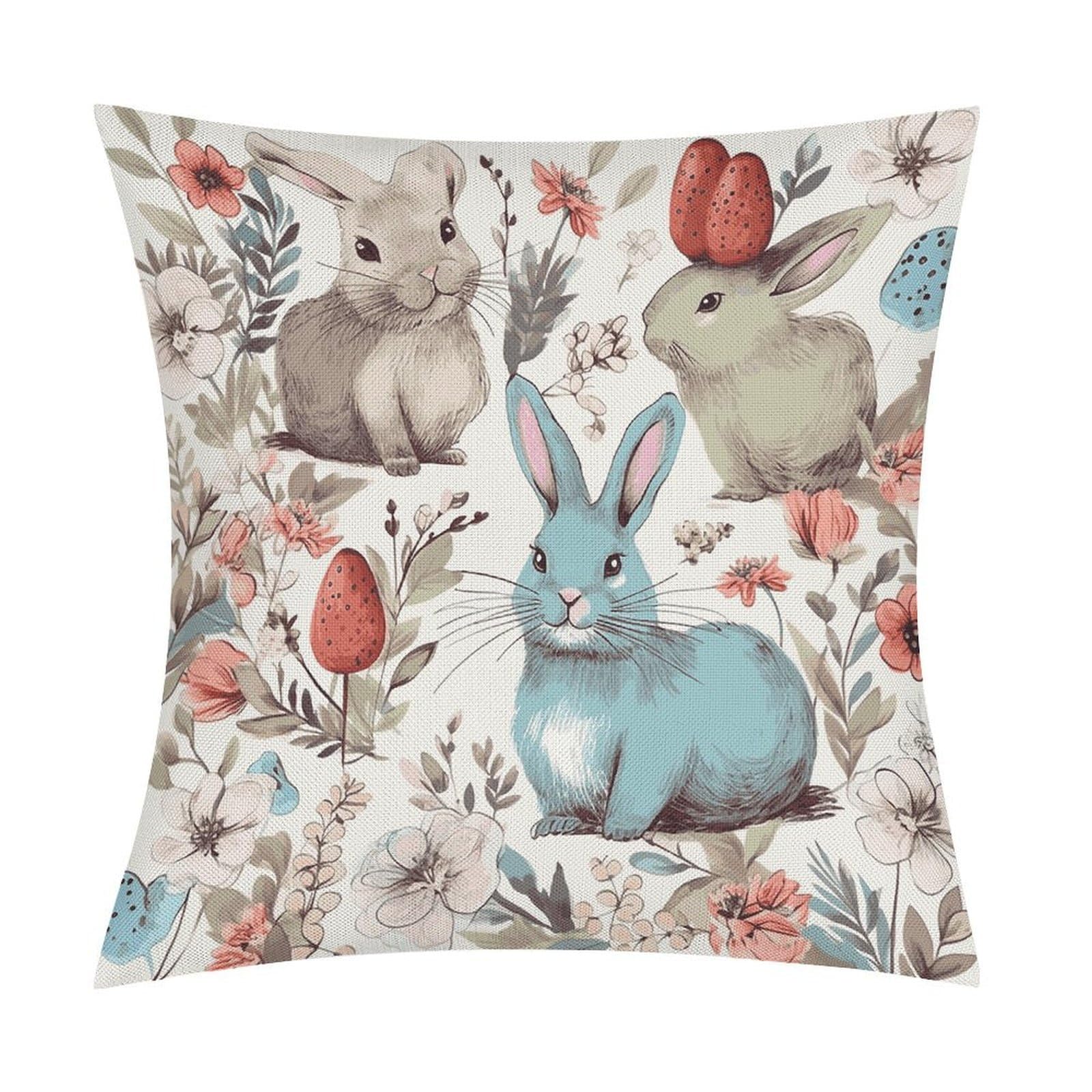 Fodpand Style Flowers Bunnies Birds Pillow Covers 18X18 Inch, Pillow Cases Boho Farmhouse, Throw Pillow Covers For Couch Sofa Bed Spring Home Decor